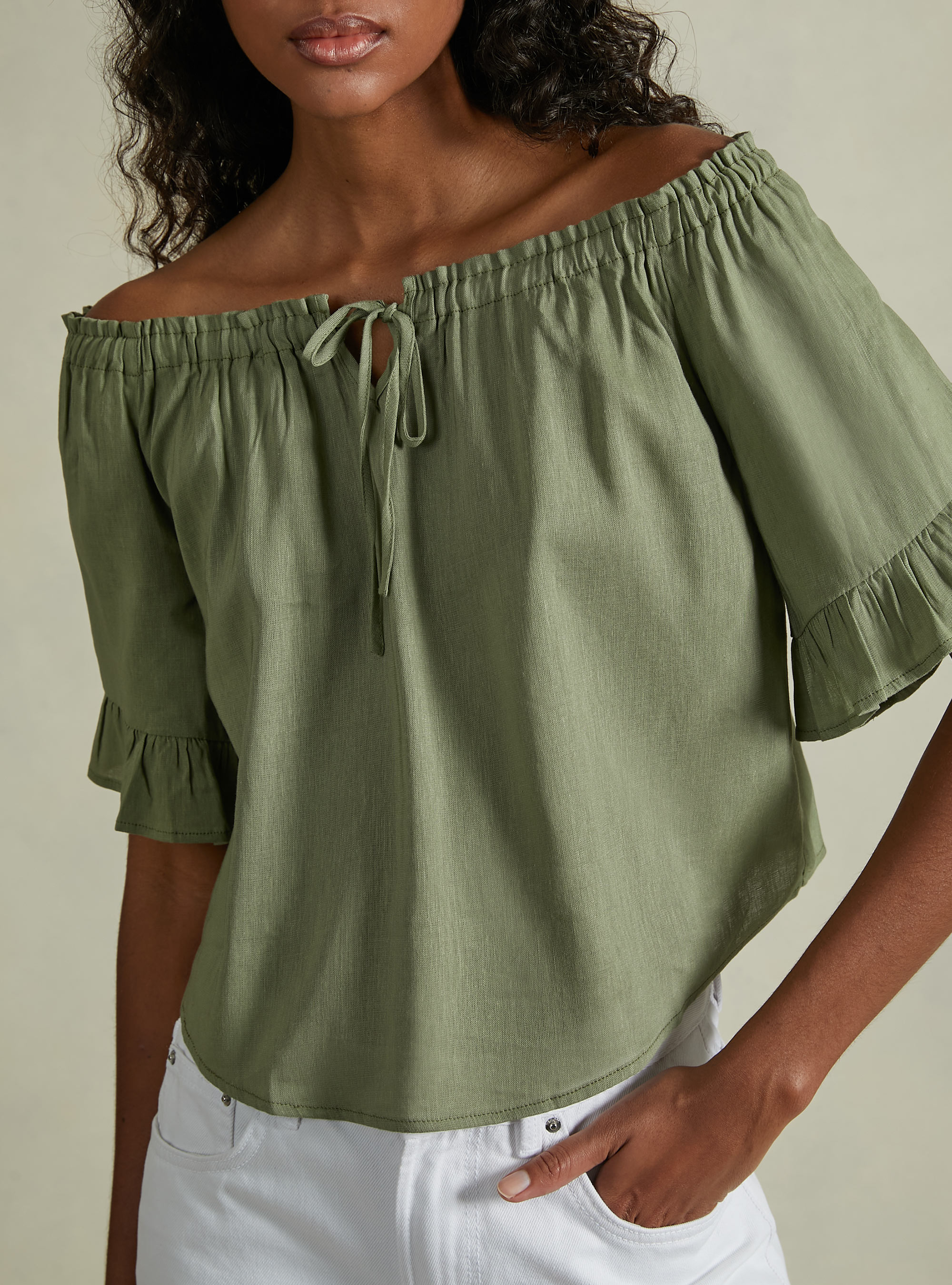 Linen blend blouse with bardot neckline, KY1 KAKY DARK