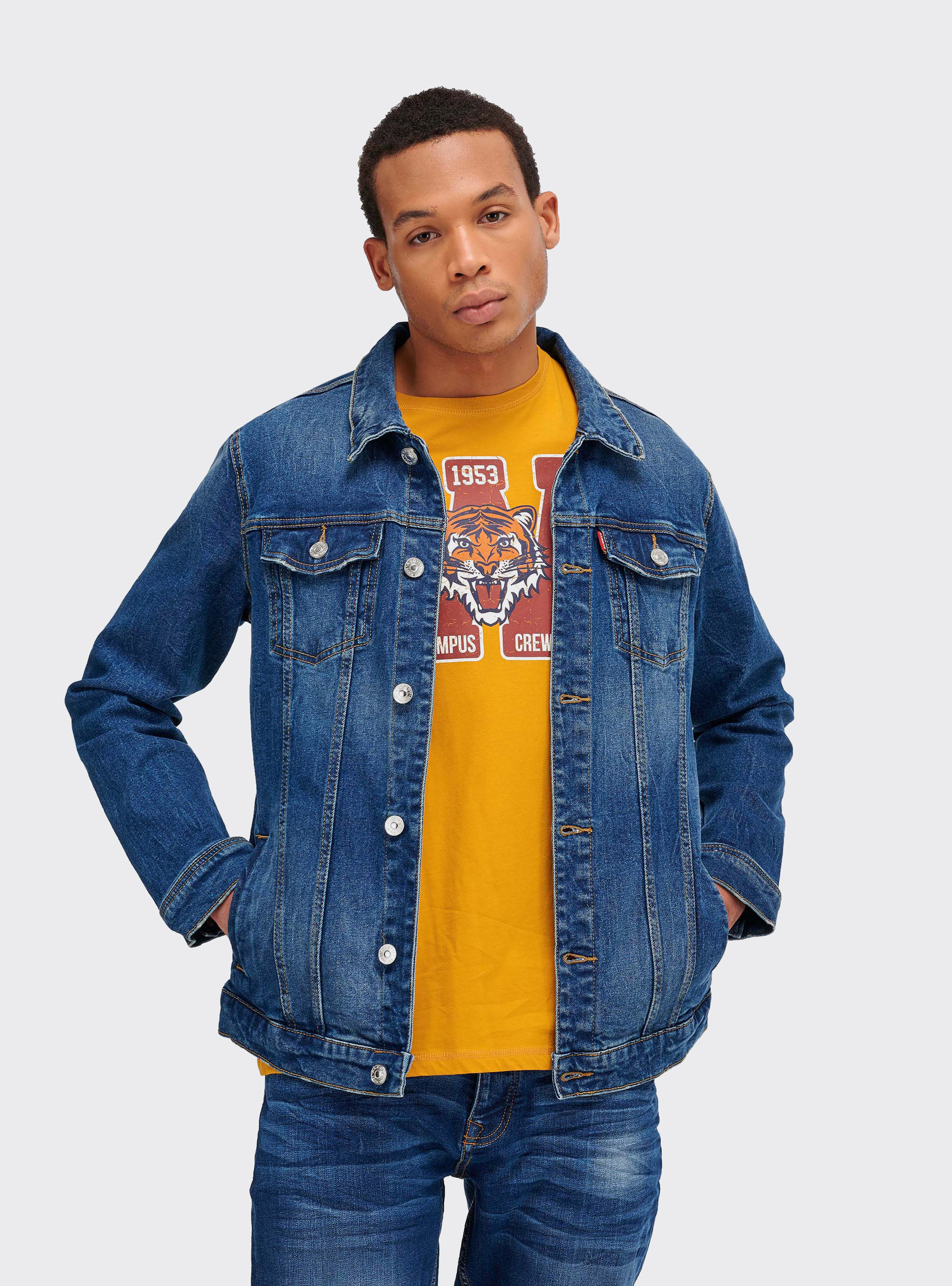 Giubbino denim regular fit, AZZURRO