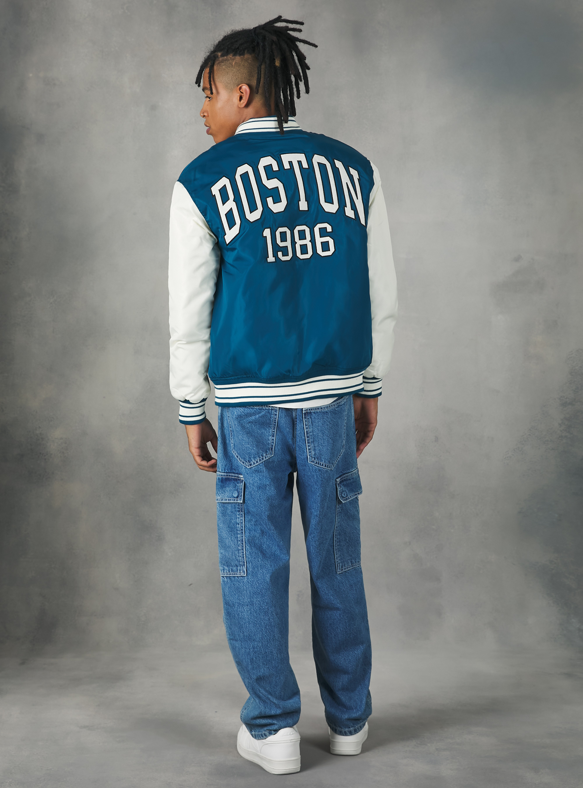 College-style bomber jacket with recycled padding, OB2 BLUE OIL MED.