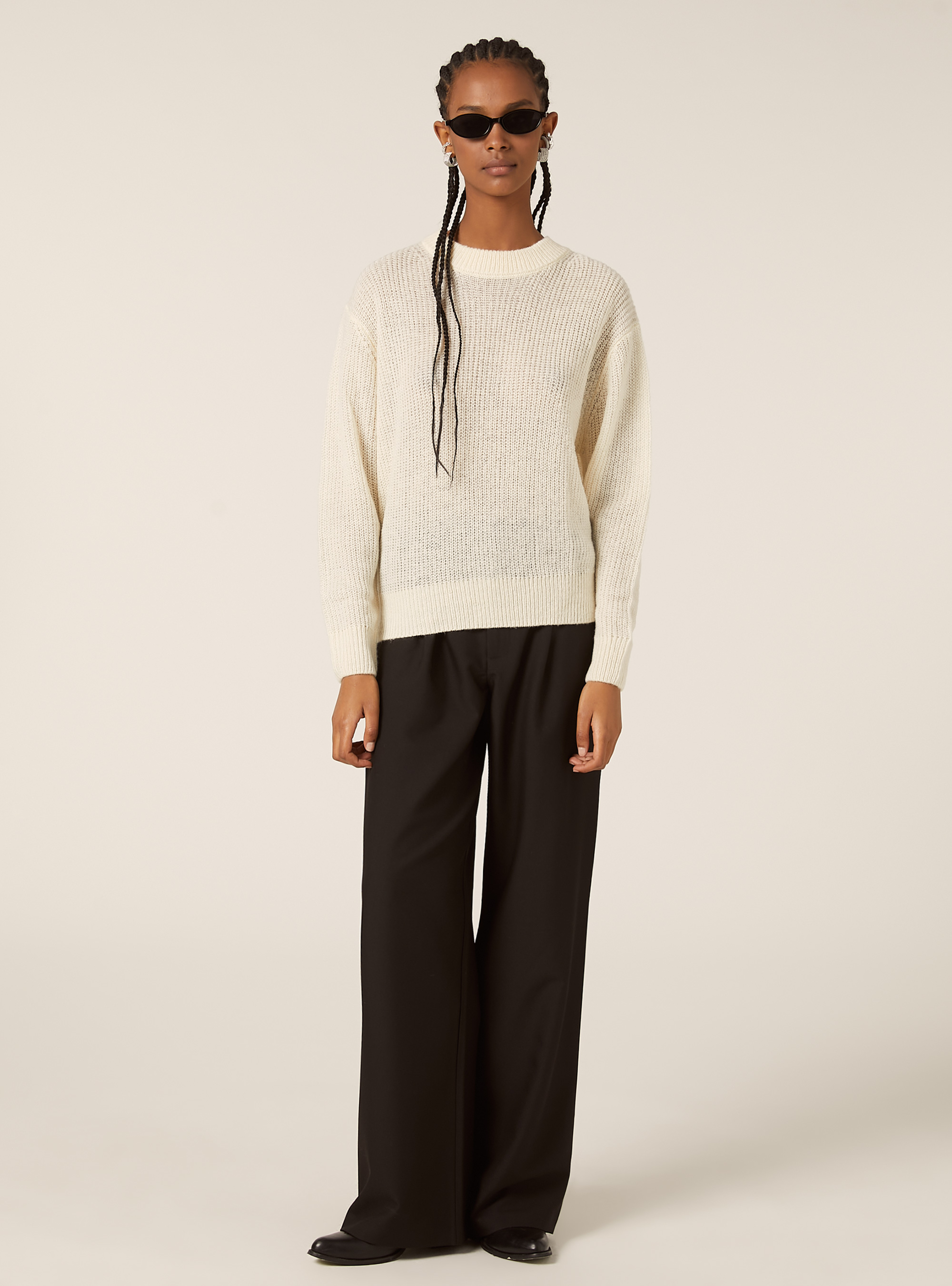 Pullover girocollo tinta unita, MWH1 WHITE MEL DARK