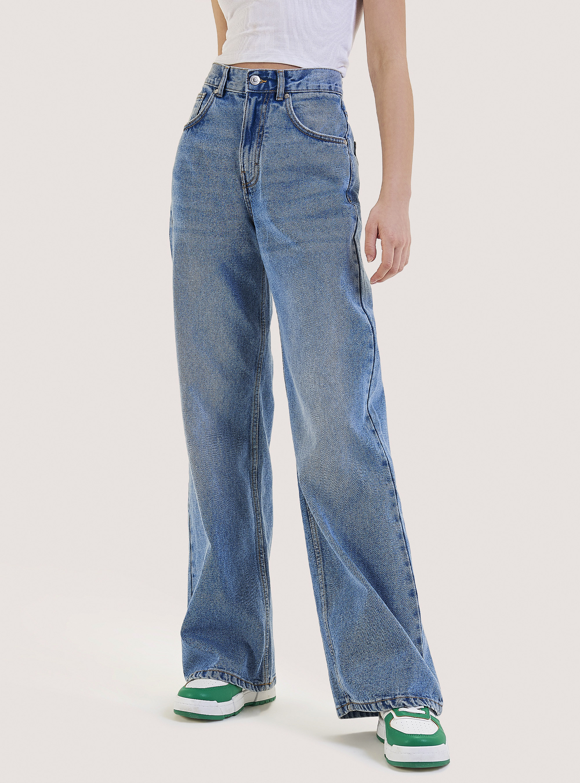 Jeans en coton à jambe large, D005 LIGHT BLUE