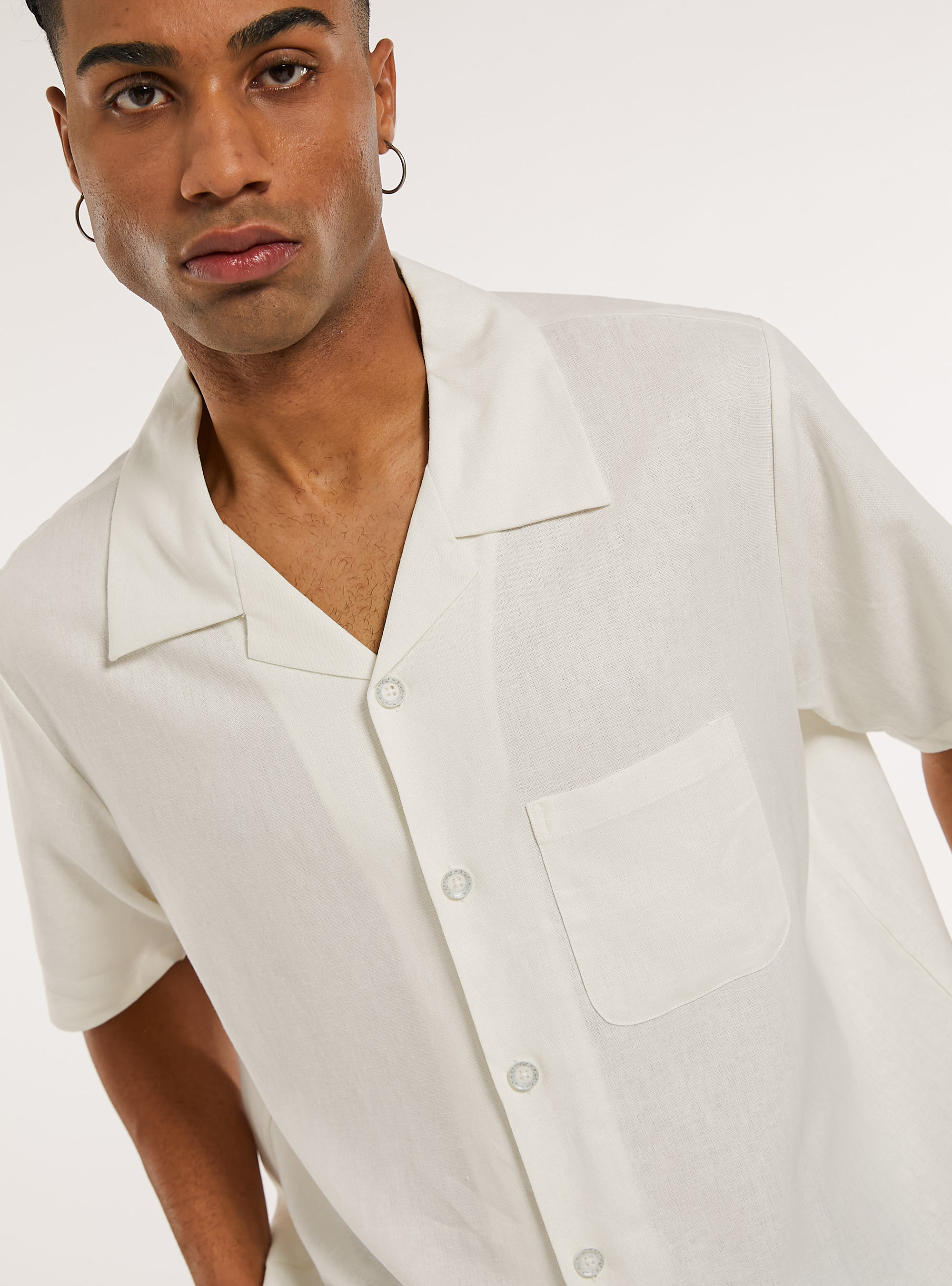 Camicia in misto  lino con tascone, WH2 WHITE