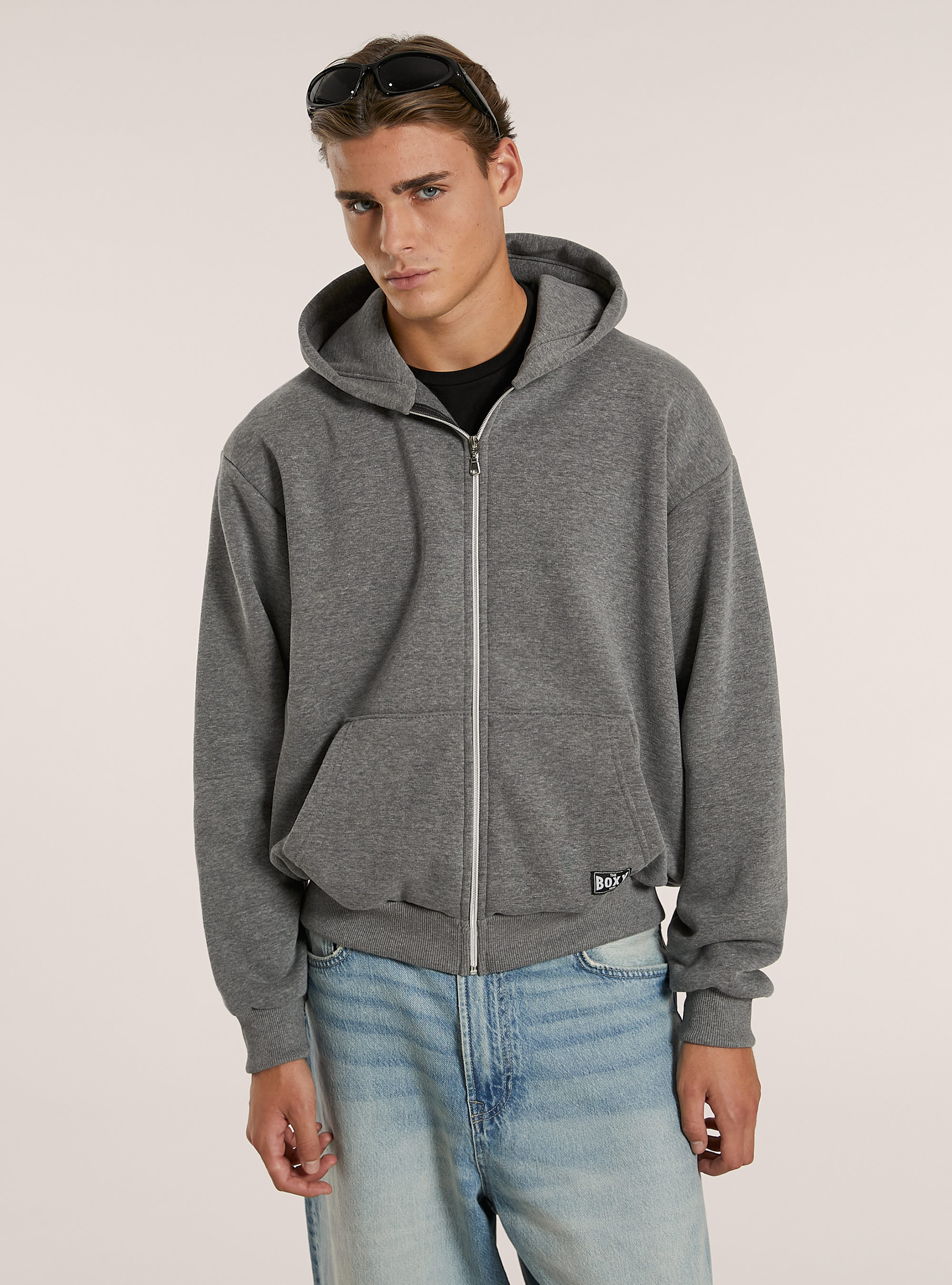 Sweatshirt mit Reißverschluss und kastenförmiger Kapuze, MGY1 GREY MEL DARK