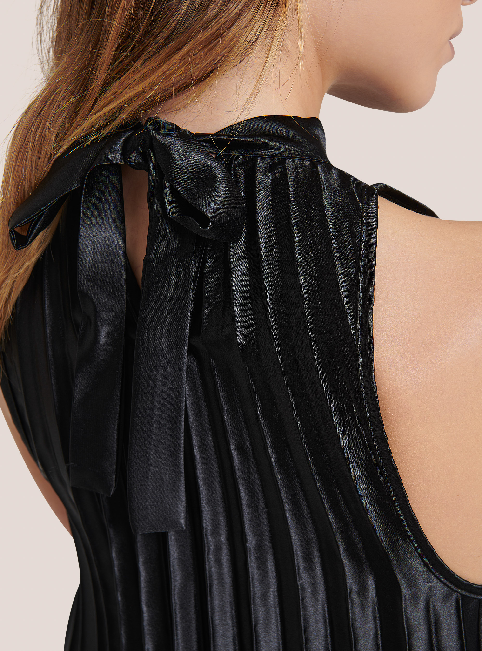 Pleated satin dress with halter neckline, BLACK