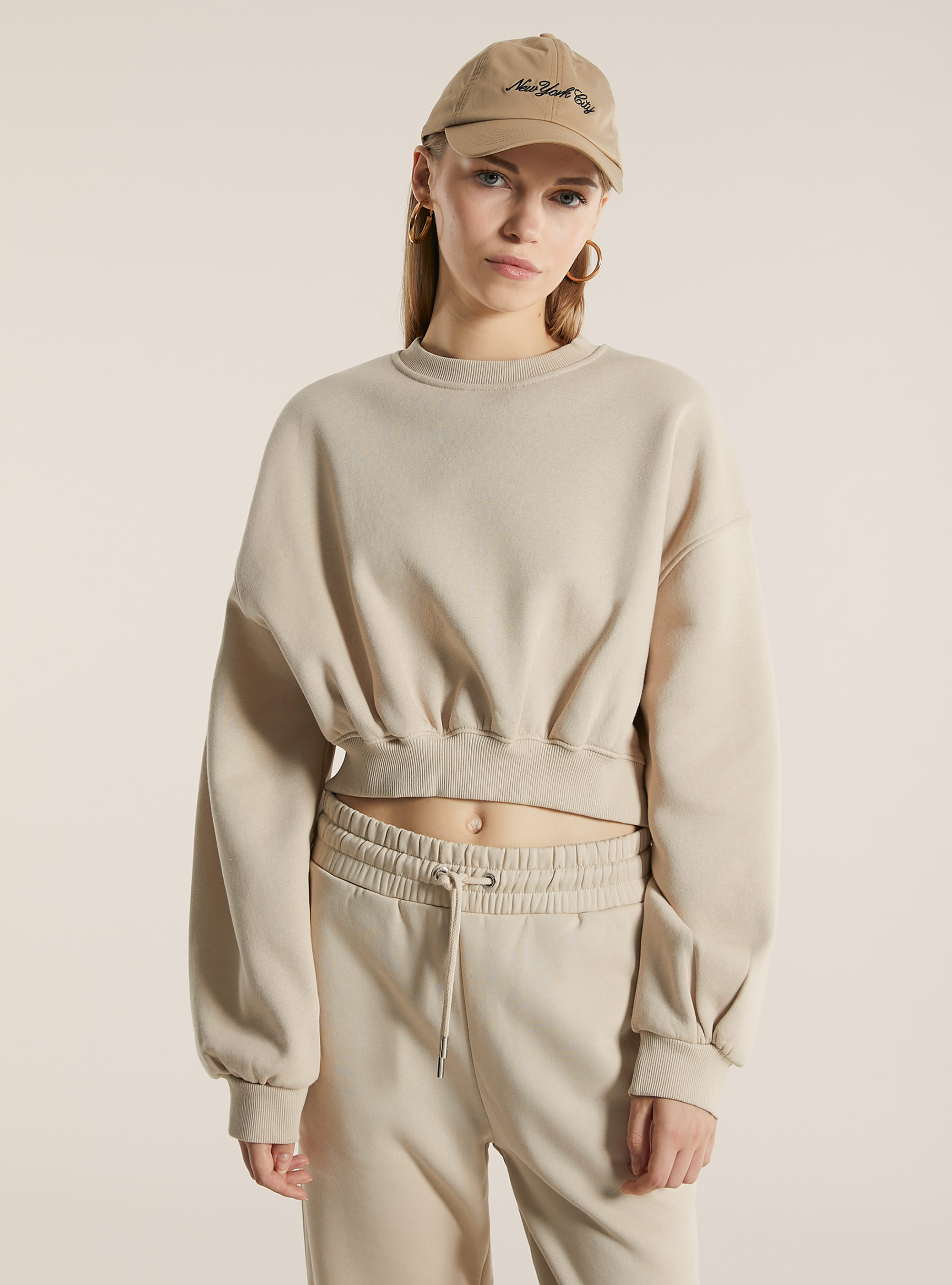 Sudadera de algodón con cuello redondo, BG2 BEIGE MEDIUM