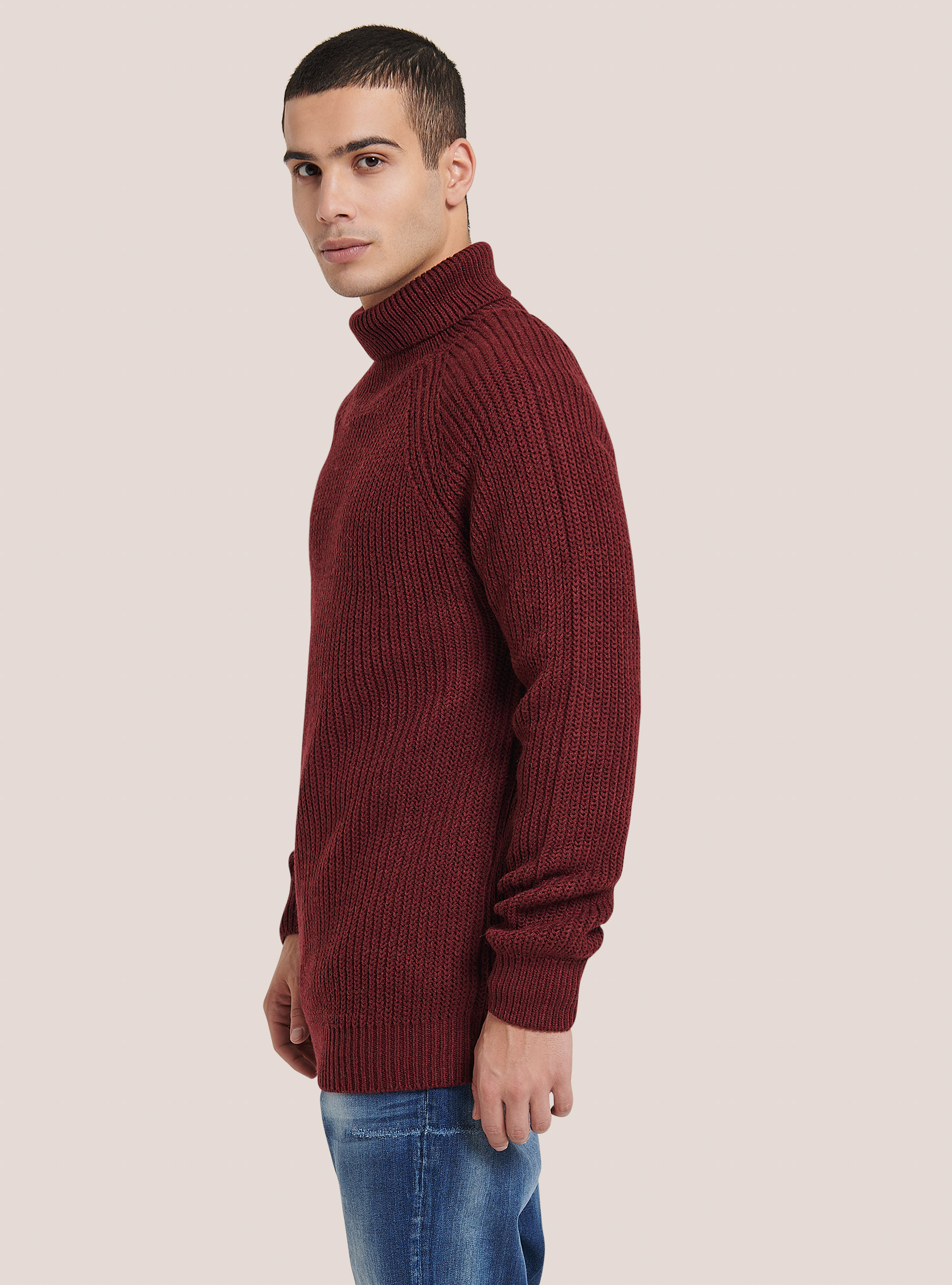 Pullover caldo collo alto a coste inglesi, BO2 BORDEAUX MEDIUM