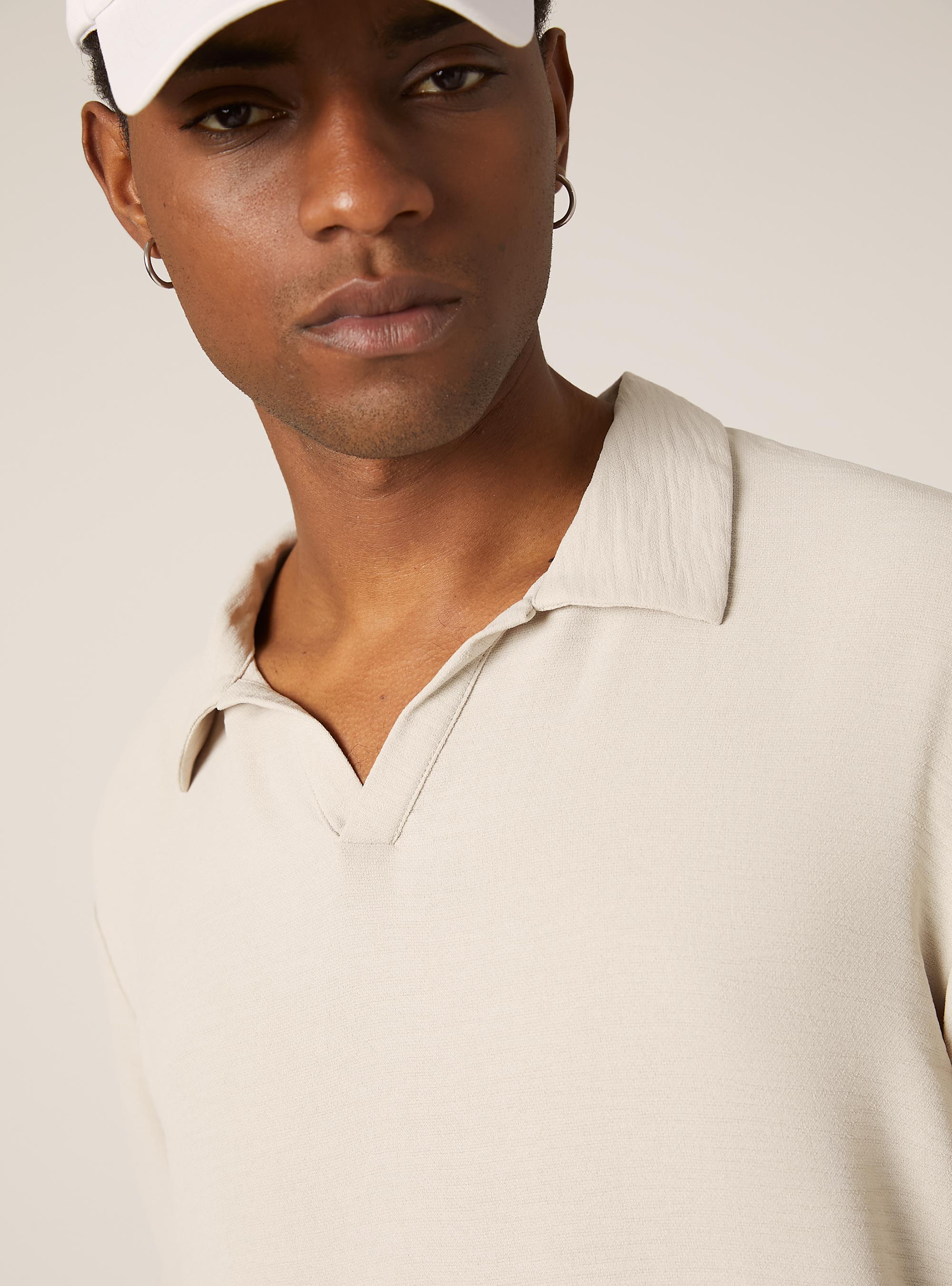 Crepe polo shirt with open collar, BG2 BEIGE MEDIUM