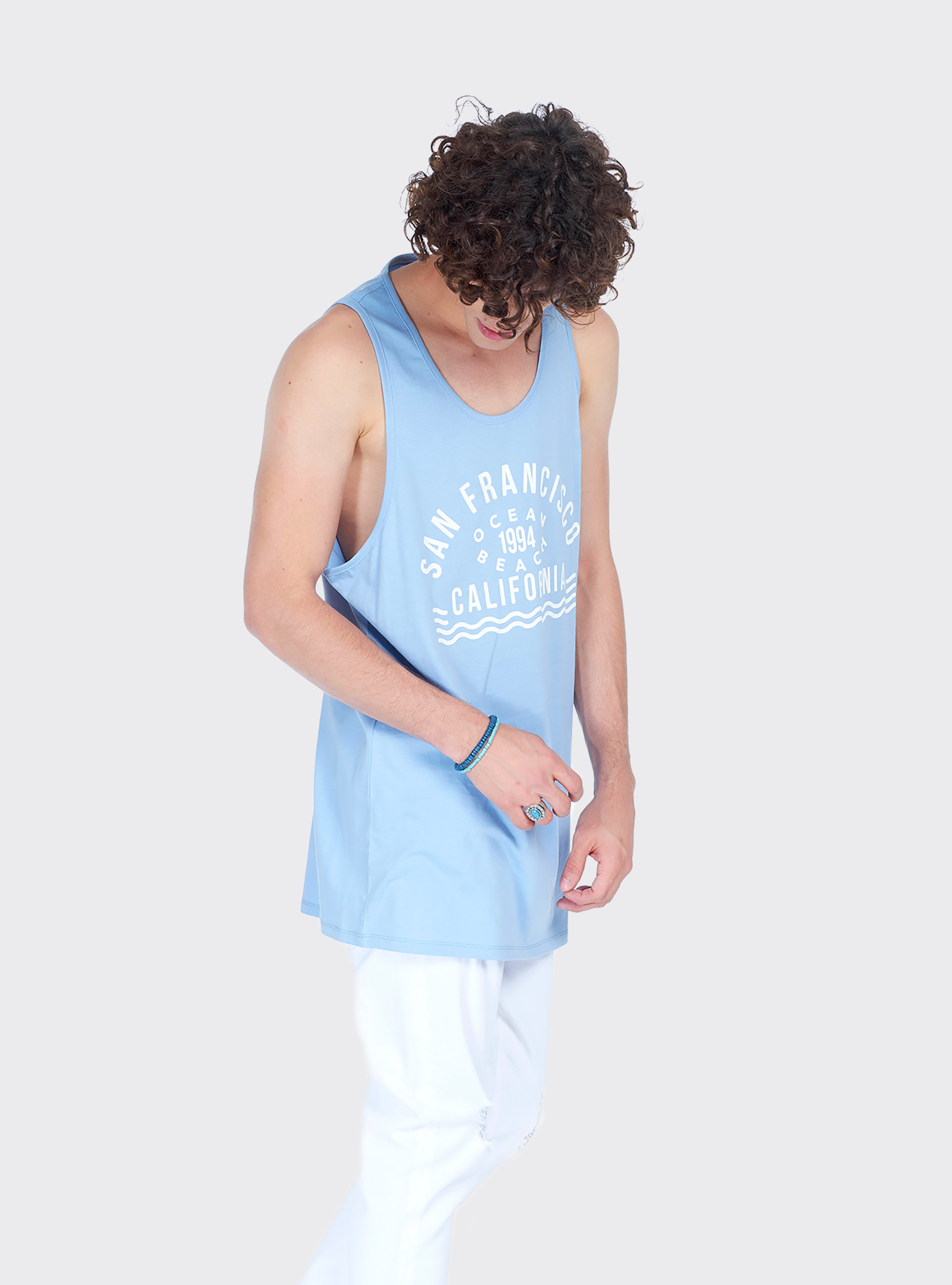 Canotta long e oversize fit con stampa lettering, AZZURRO