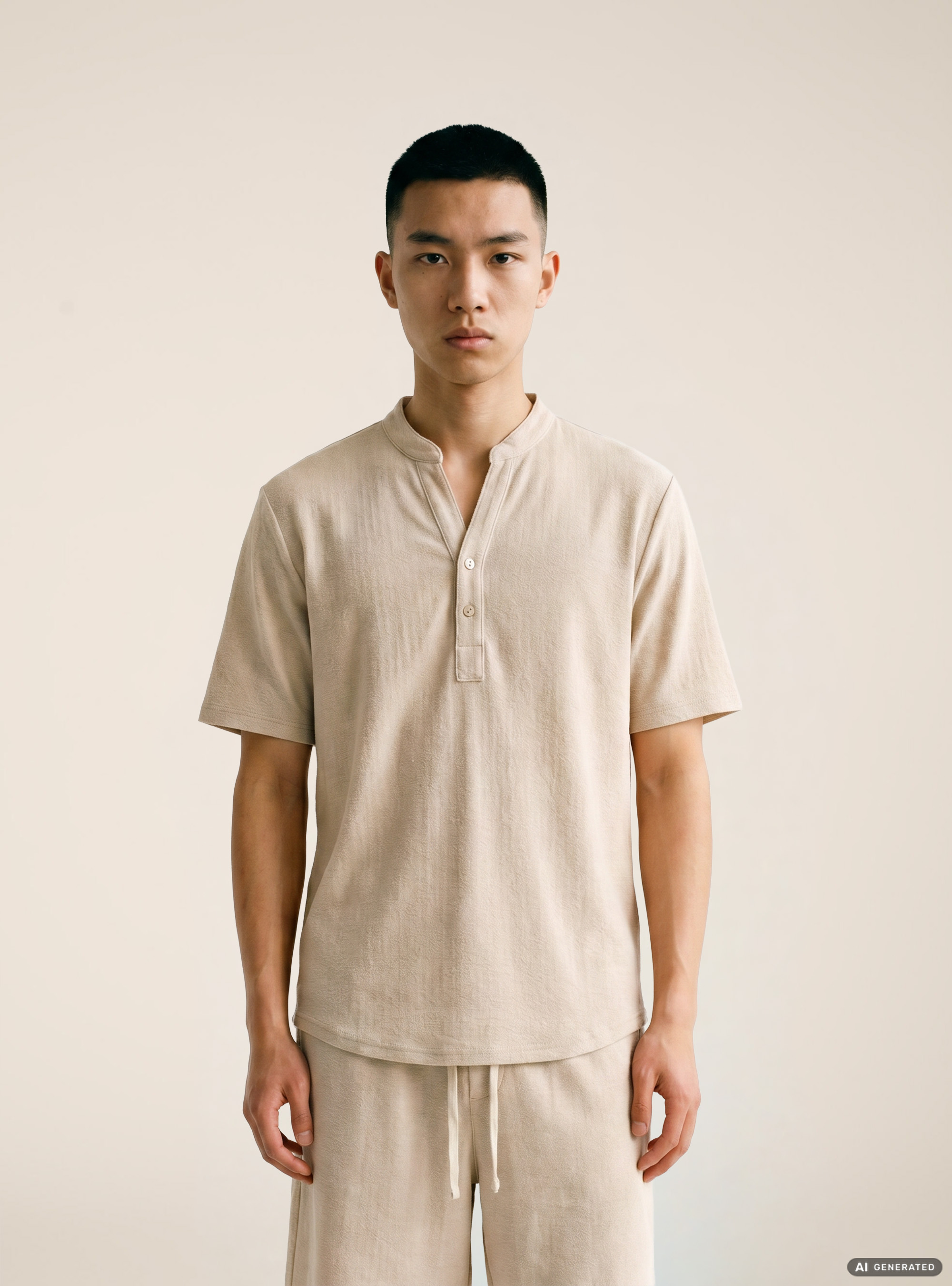 Camicia collo coreano mezza placchetta in jersey, BG3 BEIGE LIGHT