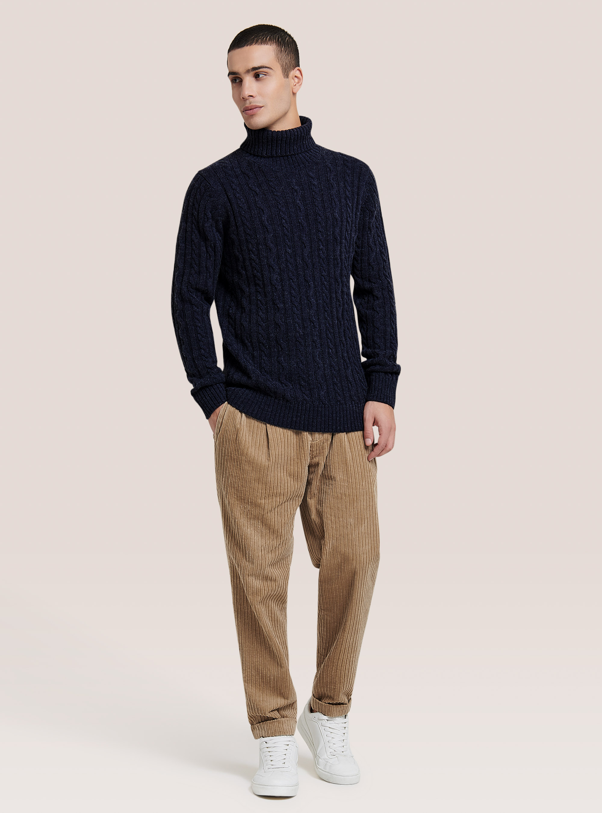 Pull col montant torsad&eacute; en laine m&eacute;lang&eacute;e, C218 BLUE NAVY