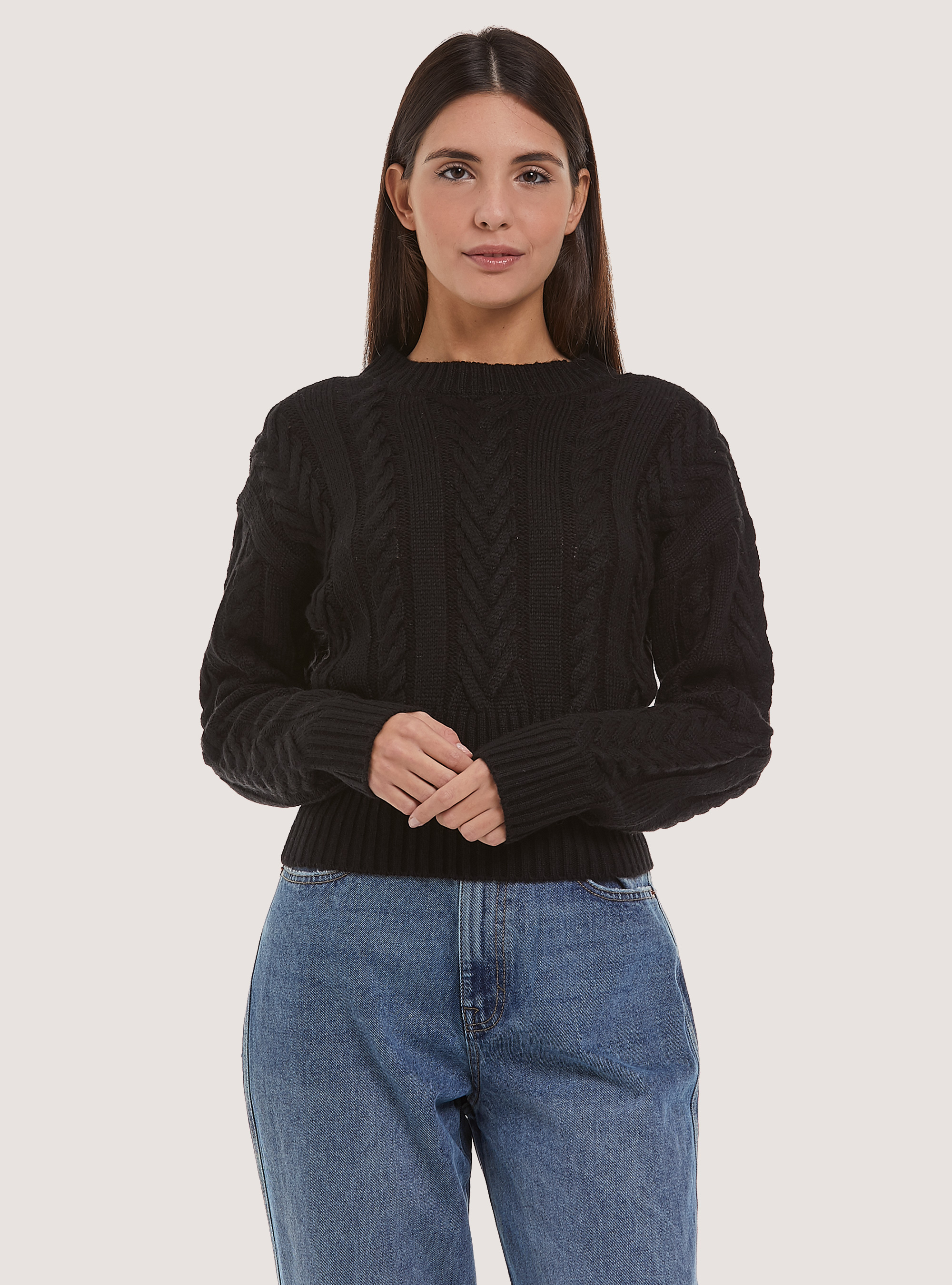 Cropped pullover with plaits, C101 BLACK