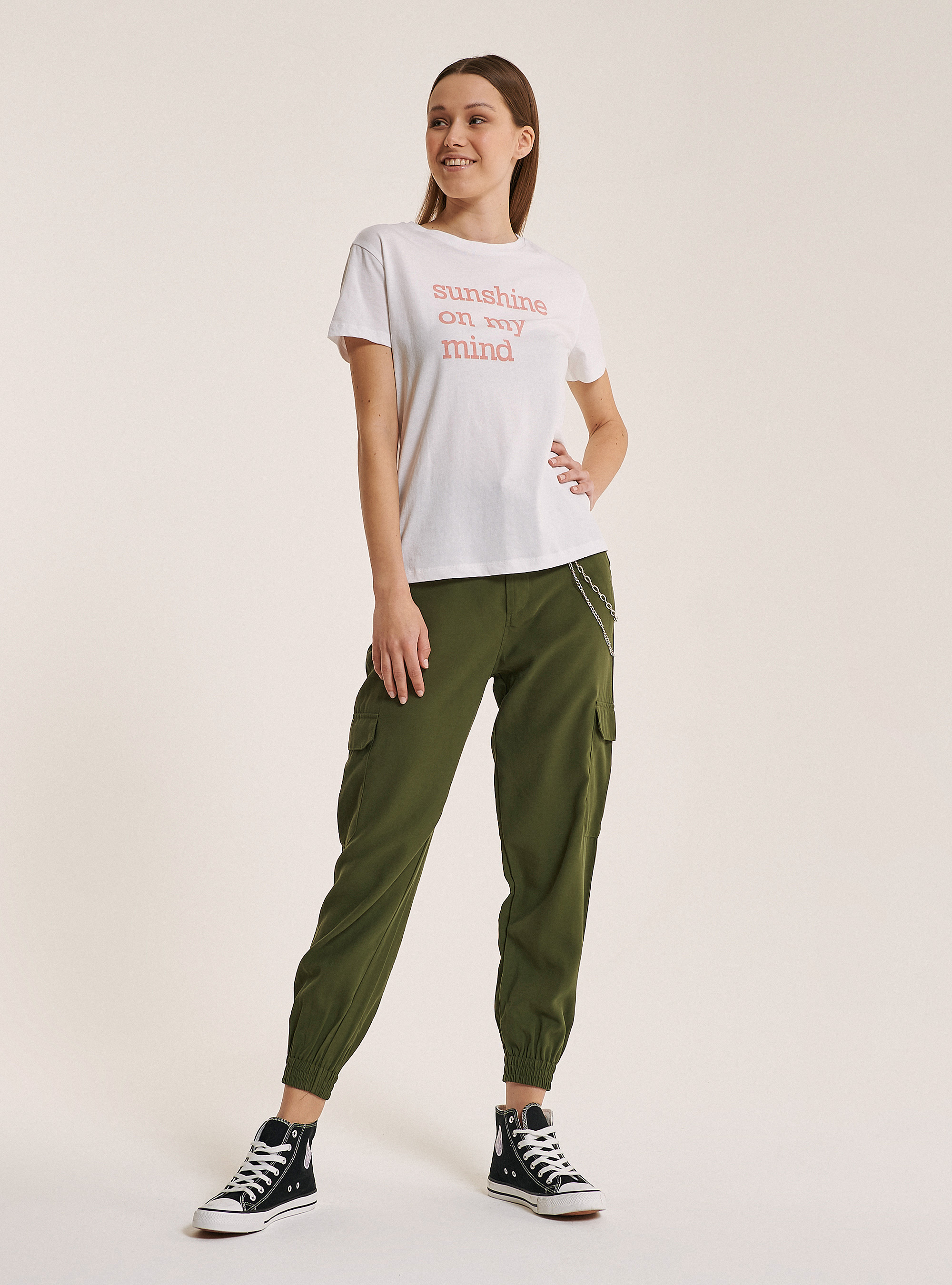 Maglietta con stampa lettering 100% cotone, BIANCO