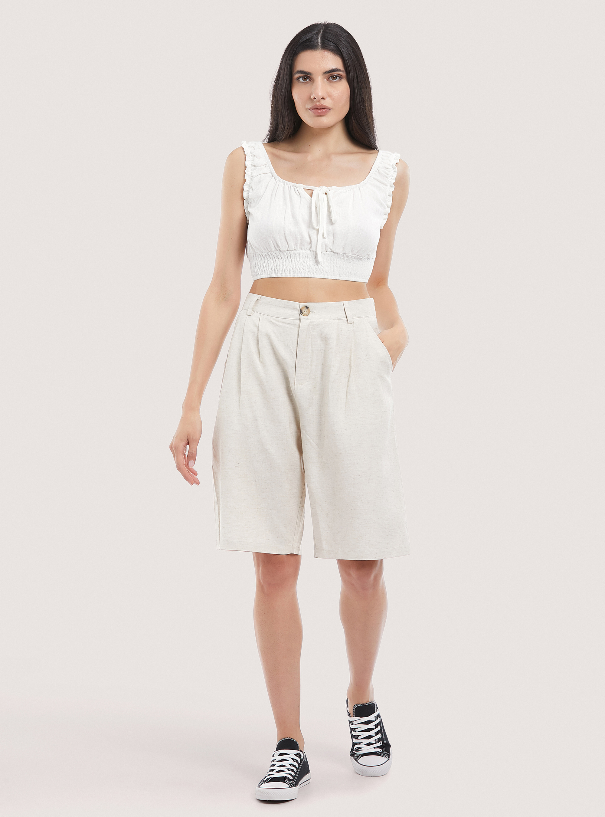 Blusa recortada en mezcla de lino, BLANCO