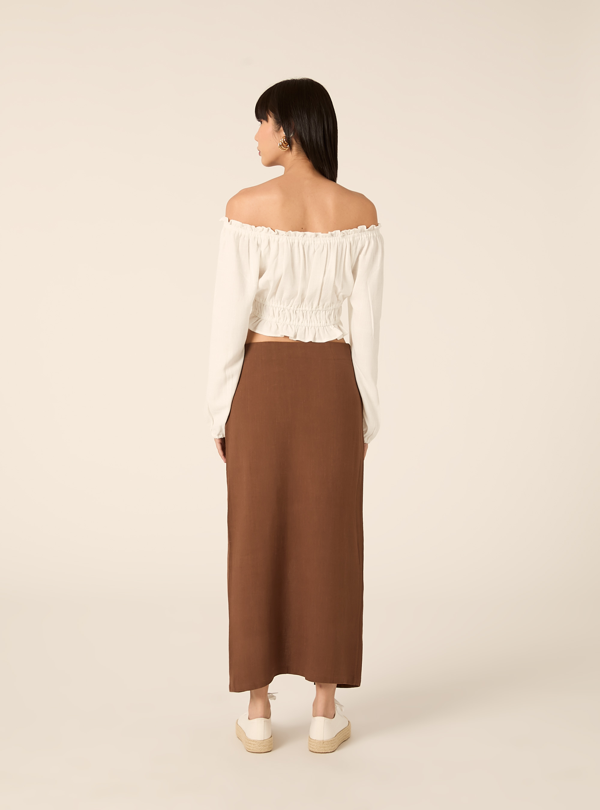 Blusa con spalle scoperte in misto lino, WH2 WHITE