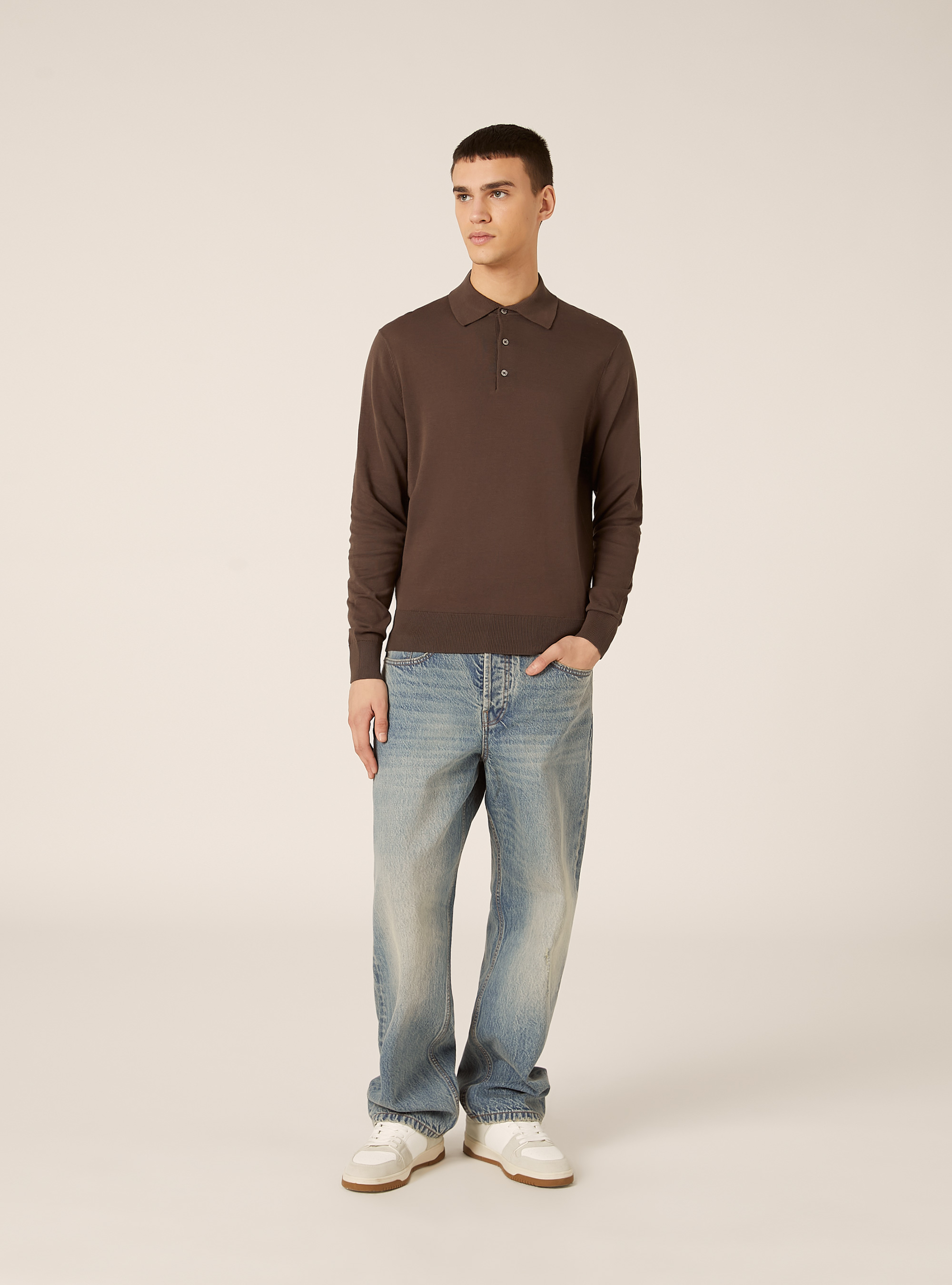 Long-sleeved cotton polo shirt, BR2 BROWN MEDIUM