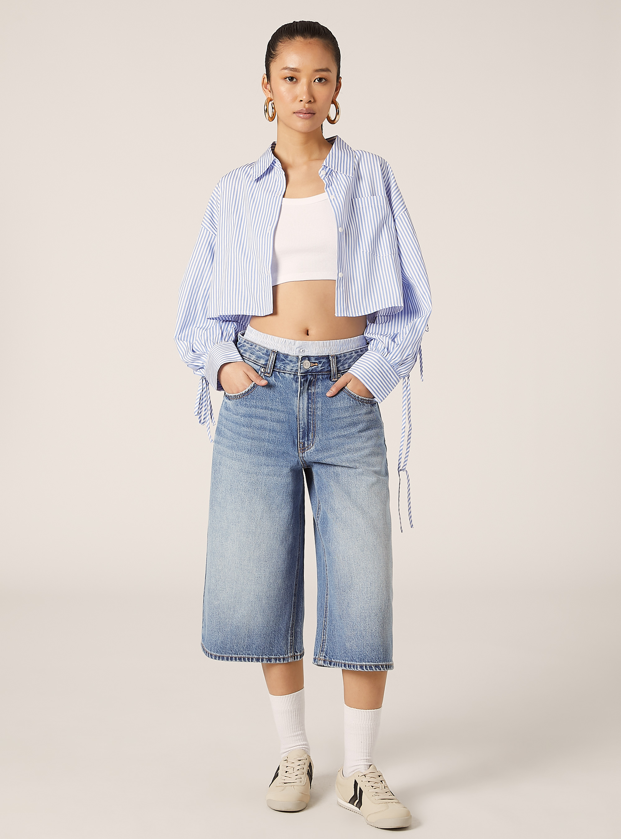 Denim jorts with combined waist, D003 MEDIUM BLUE