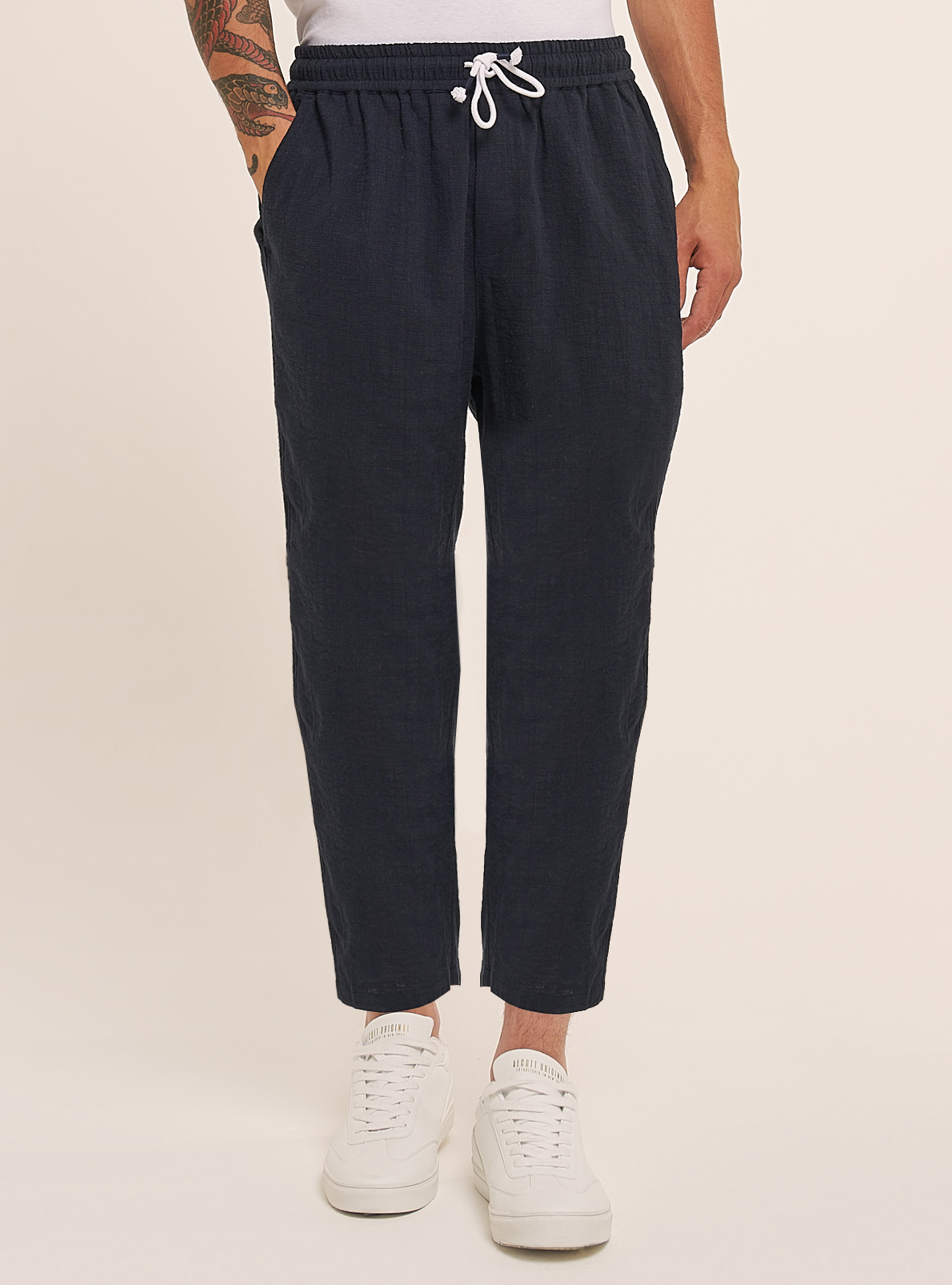 Pantaloni in cotone con laccio in vita, BLU