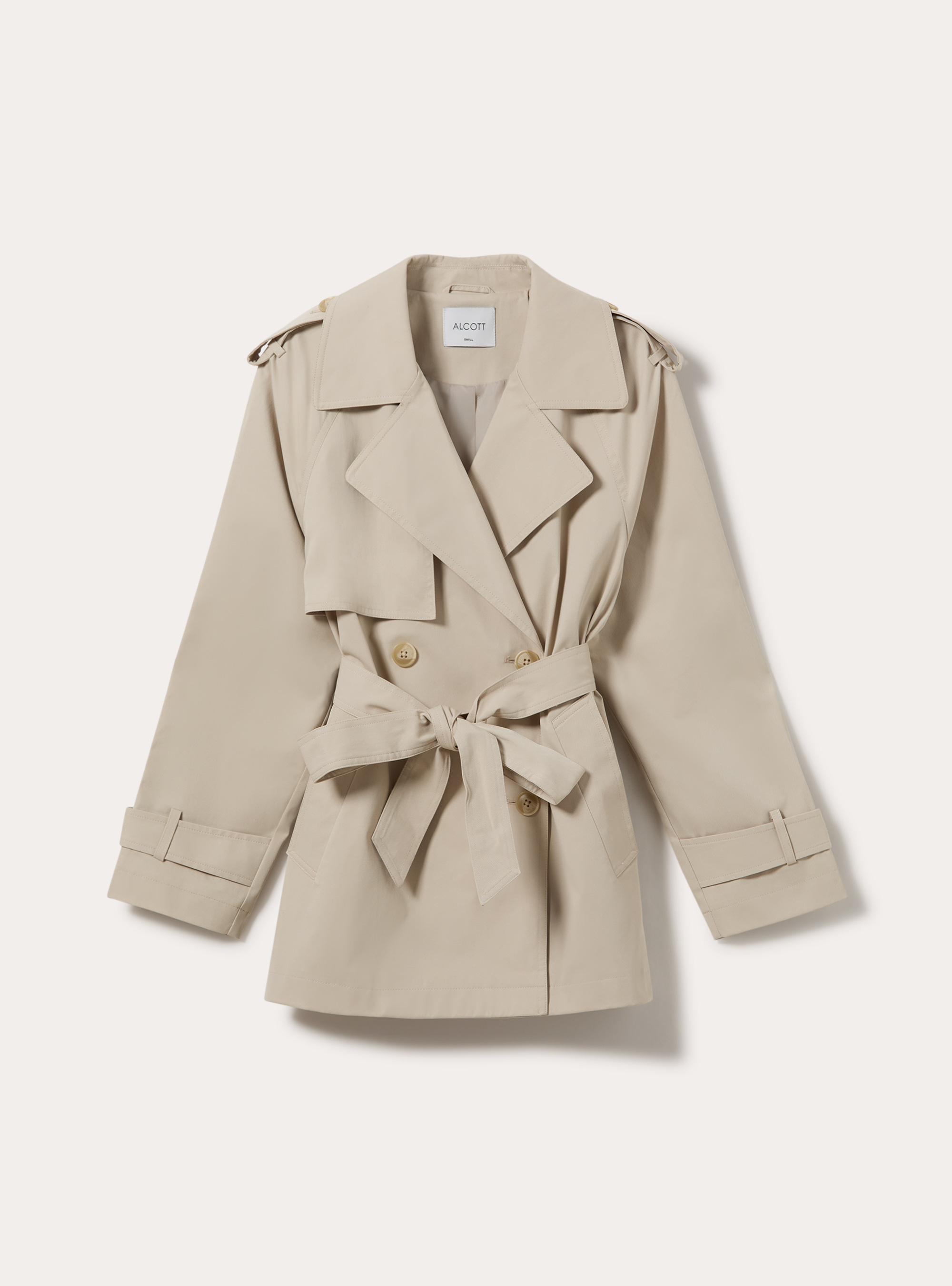 Short Double-Breasted Belted Trench Coat, CR2 CREAM MEDIUM