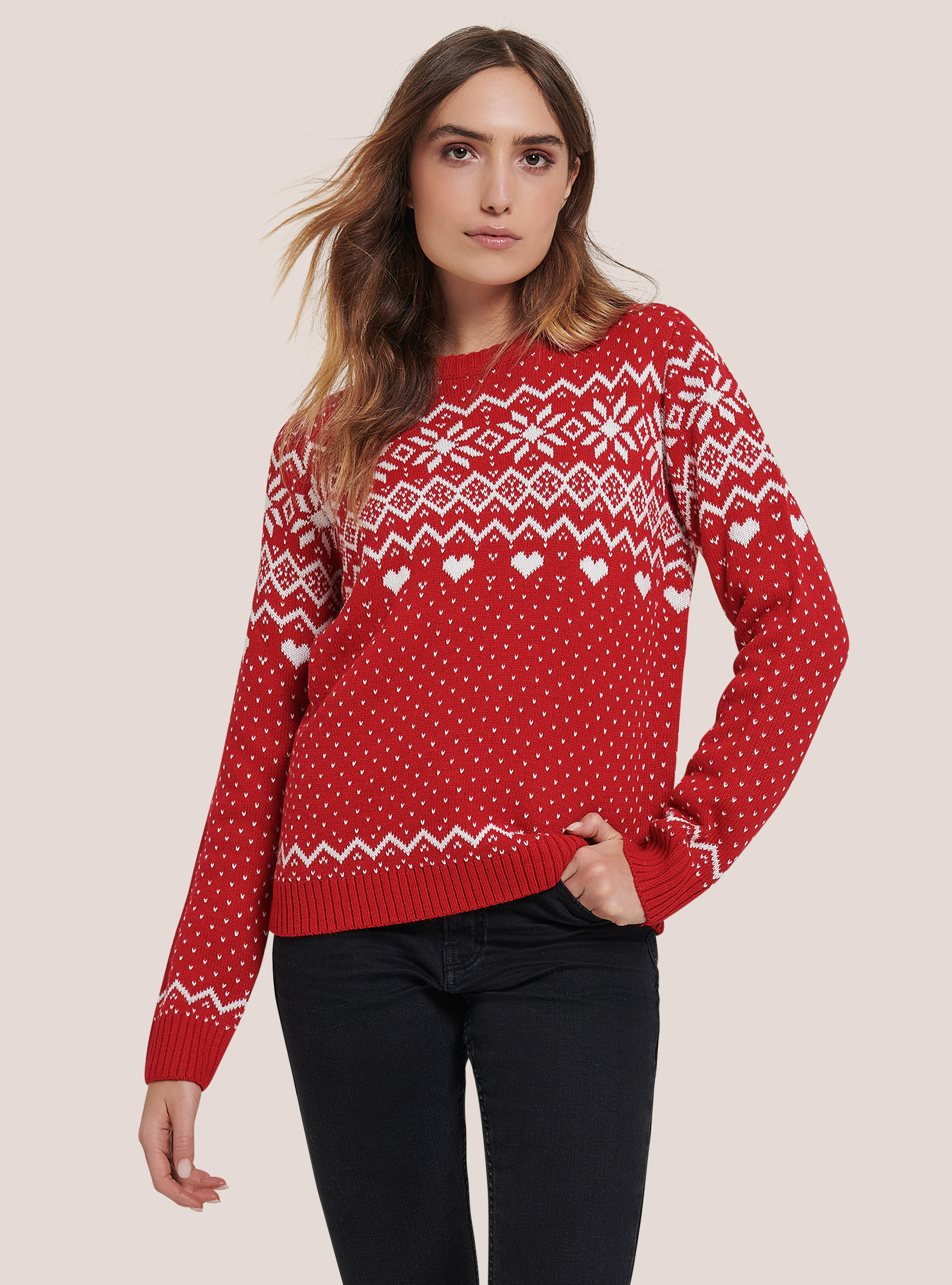 Christmas pullover with snowflakes and hearts, RED