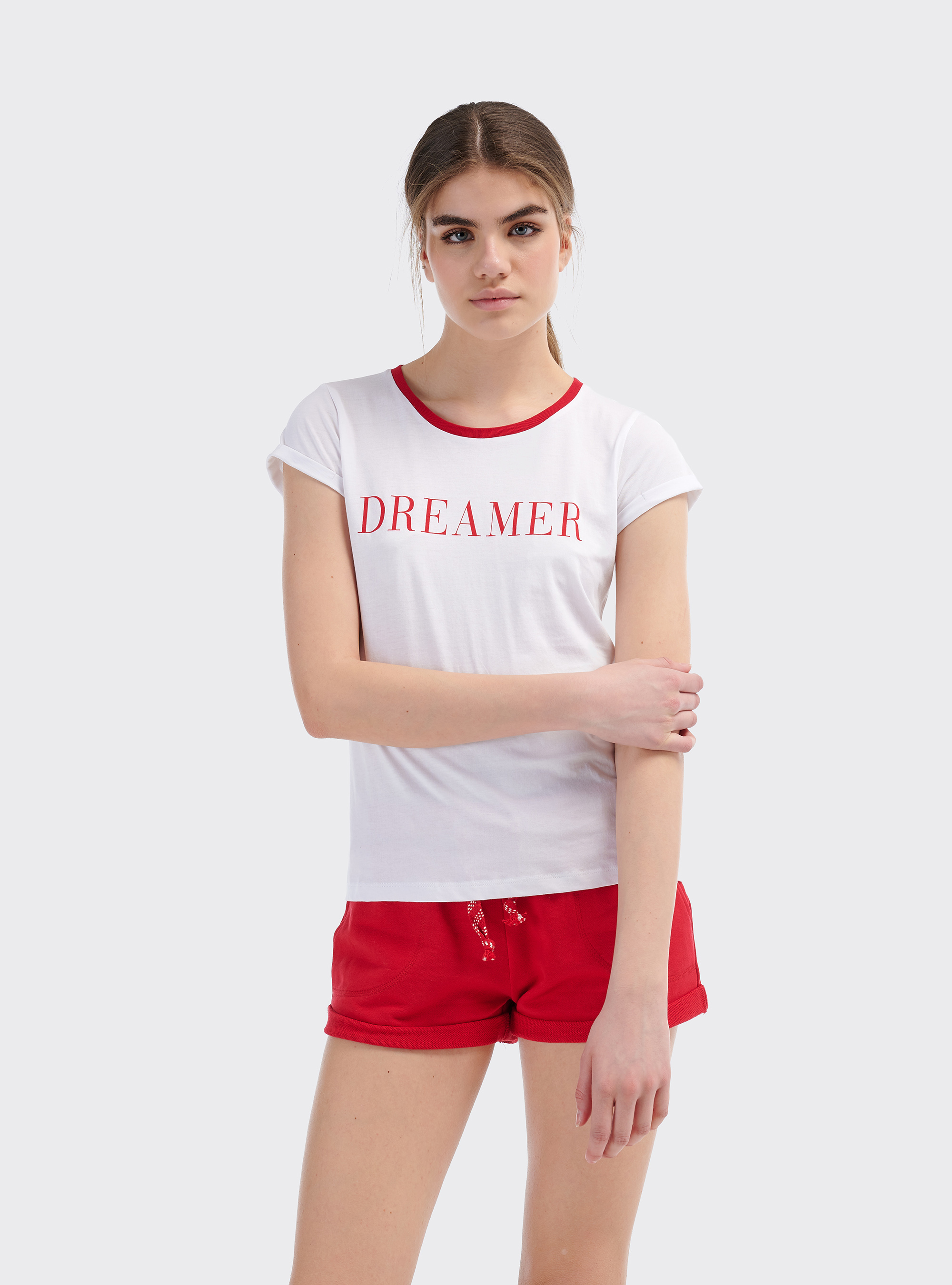 Maglietta con stampa e bordi a contrasto in cotone combed, BIANCO