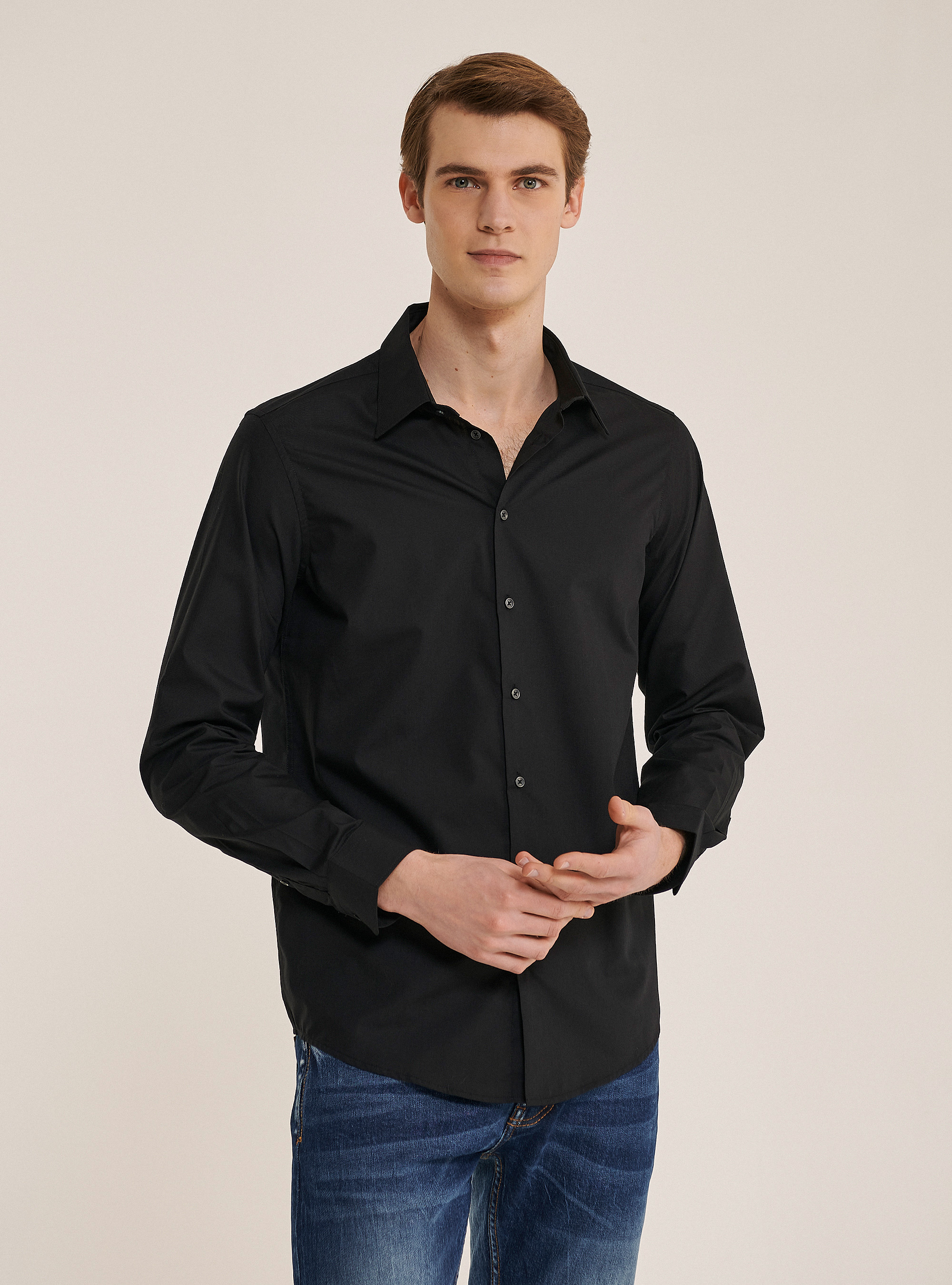 Basic solid colour long sleeves shirt, BLACK
