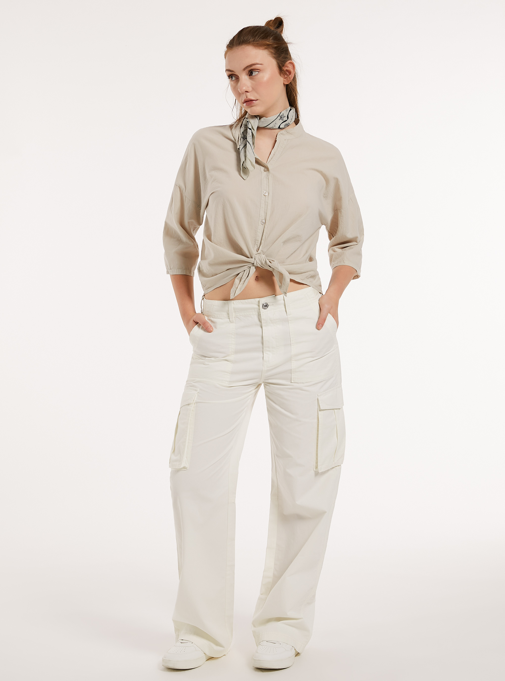 Cotton shirt with knot, SA3 SAND LIGHT