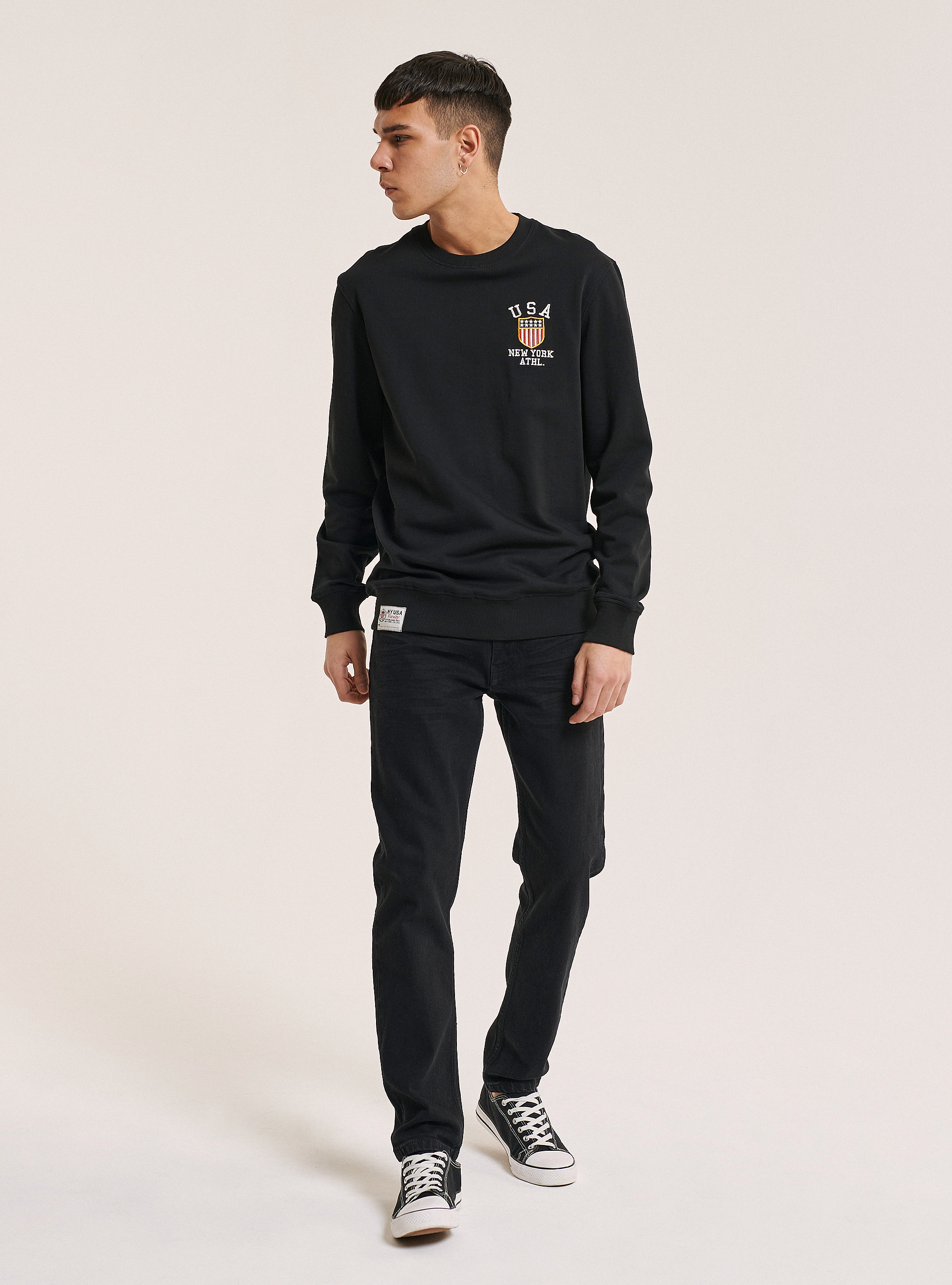 Sudadera de cuello redondo con bordados USA, NEGRO