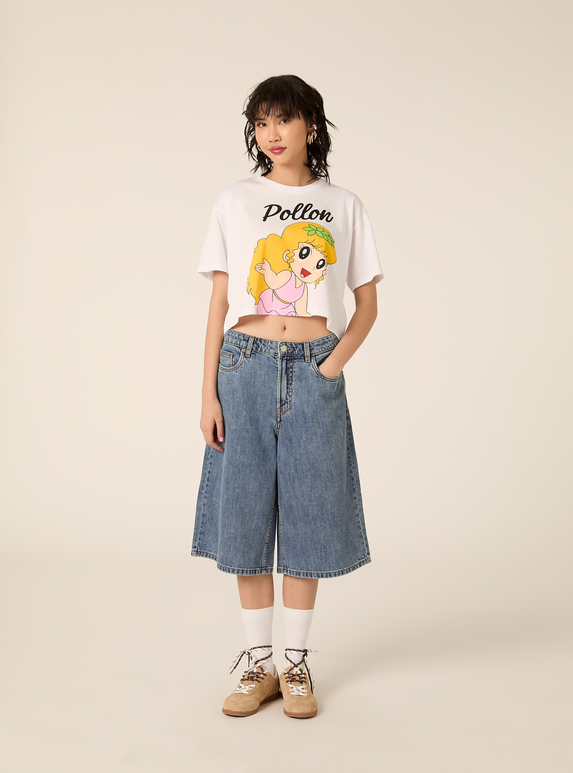 T-shirt pollon licenza crop fit, WH3 WHITE