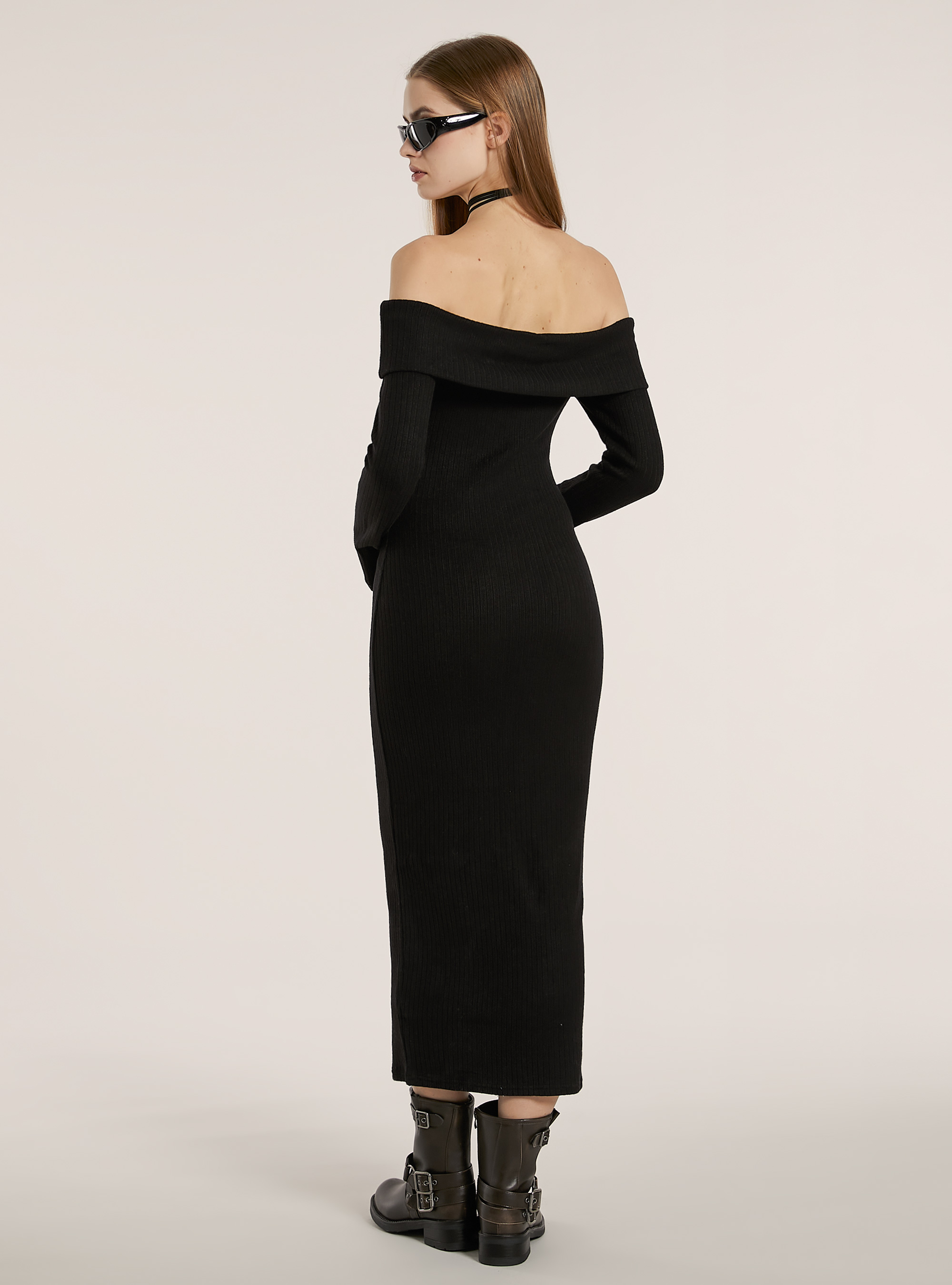 Long knit dress with Bardot neckline, BK1 BLACK