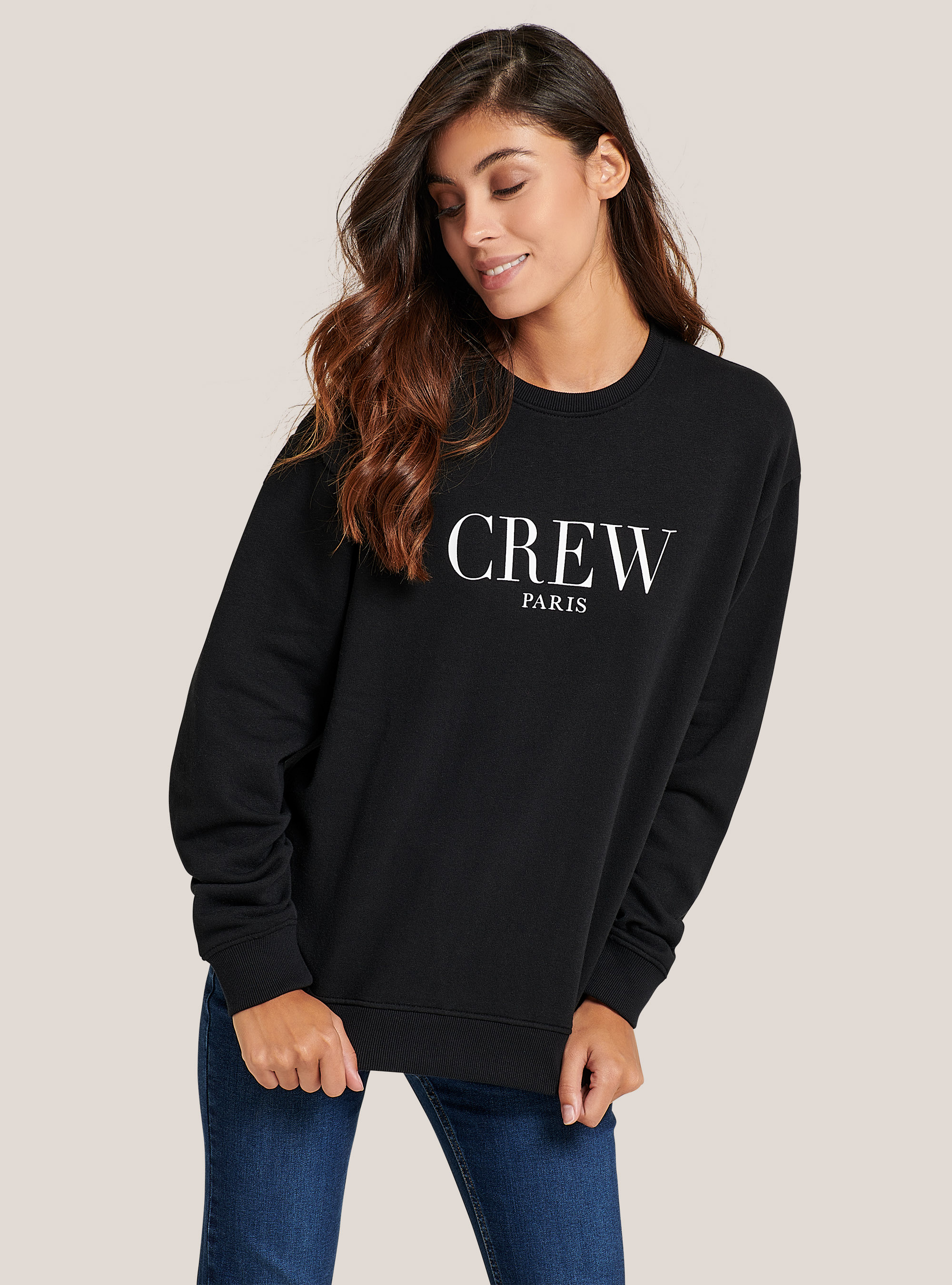 Comfort fit crewneck sweatshirt with print, BLACK