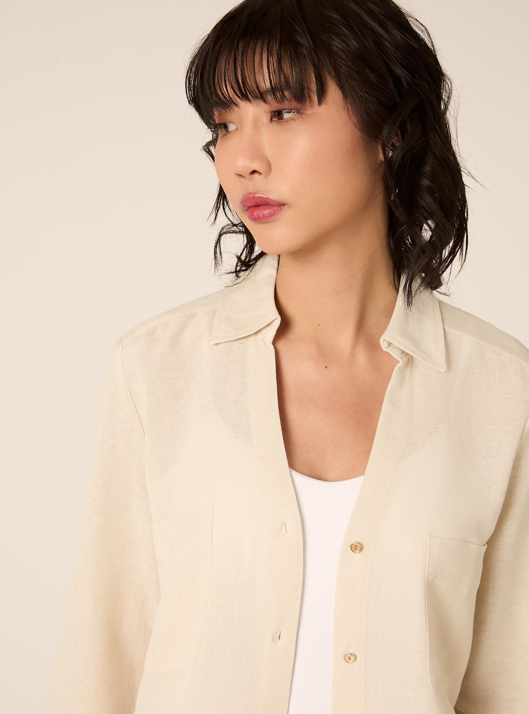 Camicia blusa in misto lino, CR2 CREAM MEDIUM