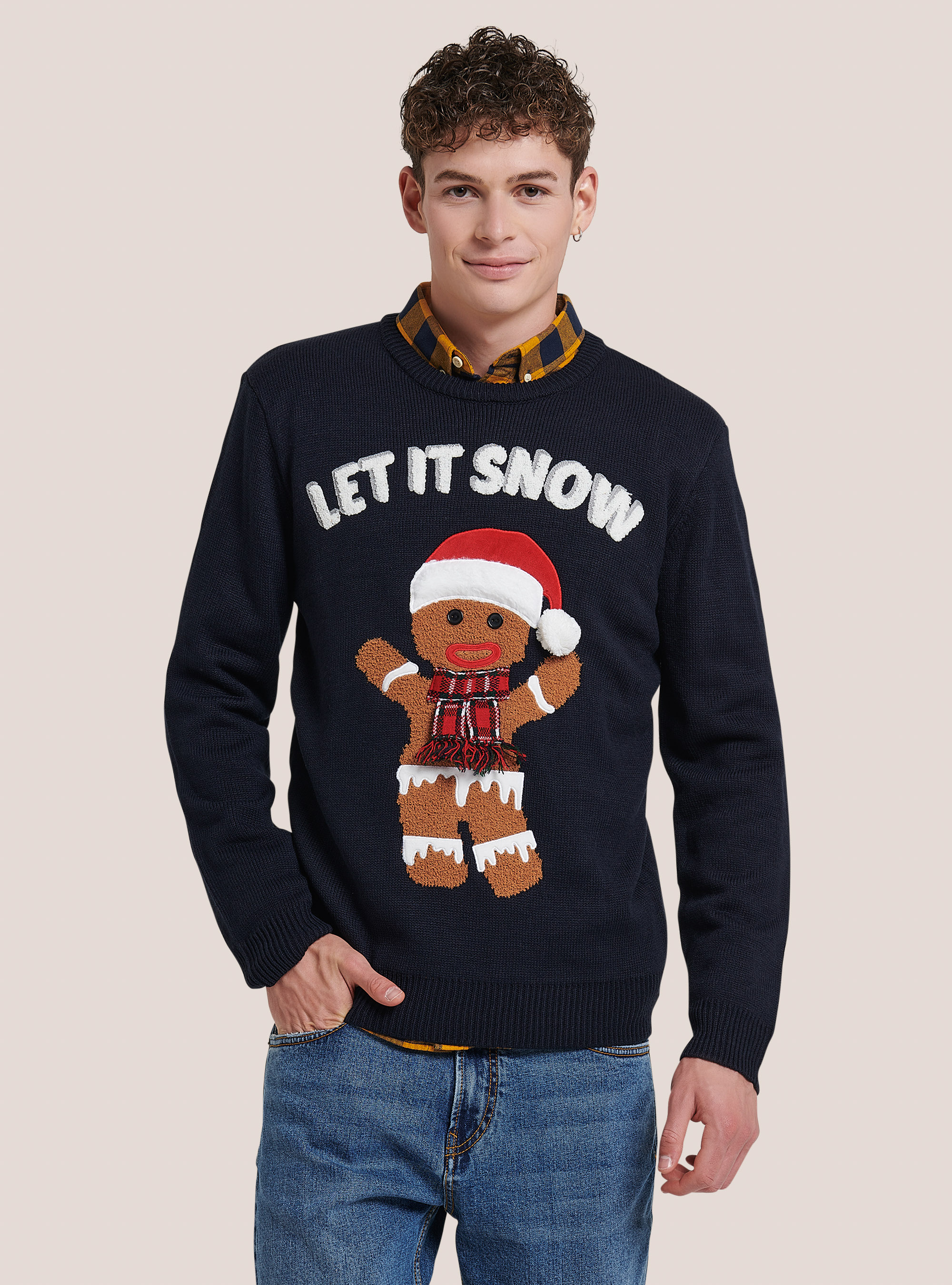 Christmas crew-neck pullover with gingerbread man, BLUE NAVY