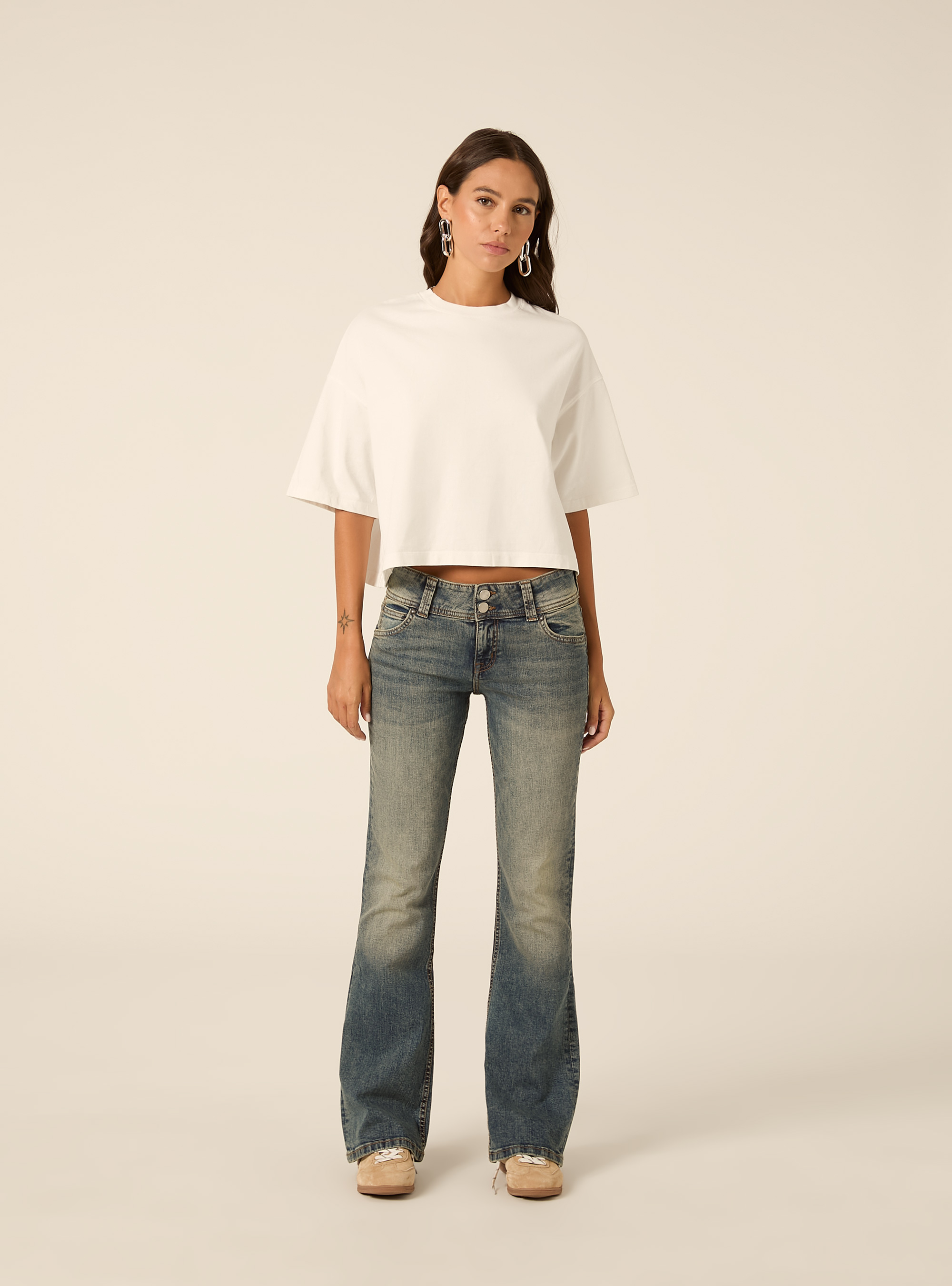 Jean bootcut taille basse avec poches &agrave; rabat, D101 BLUE MED OVERDYE