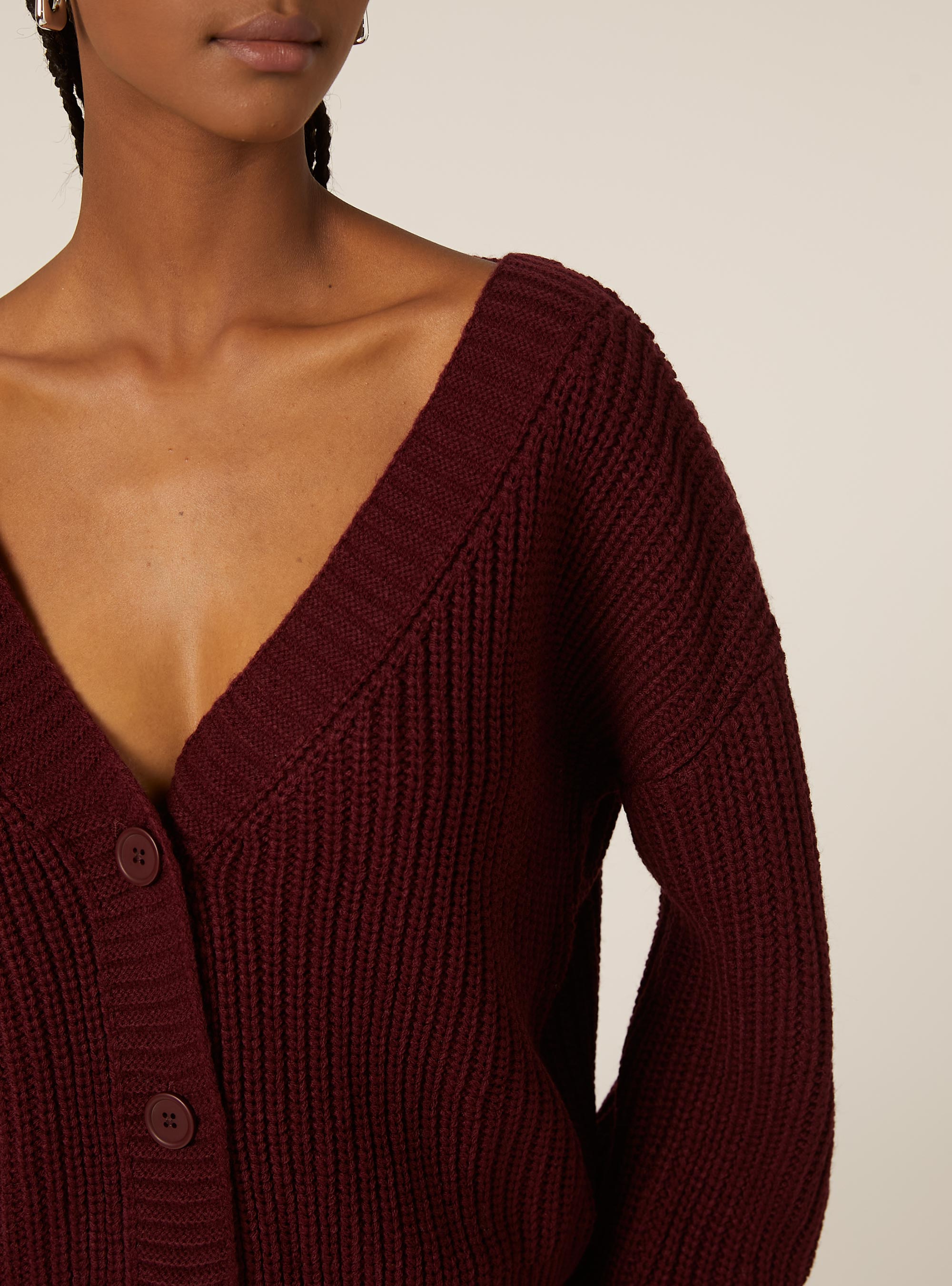 Knitted cardigan with V-neck, BO1 BORDEAUX DARK