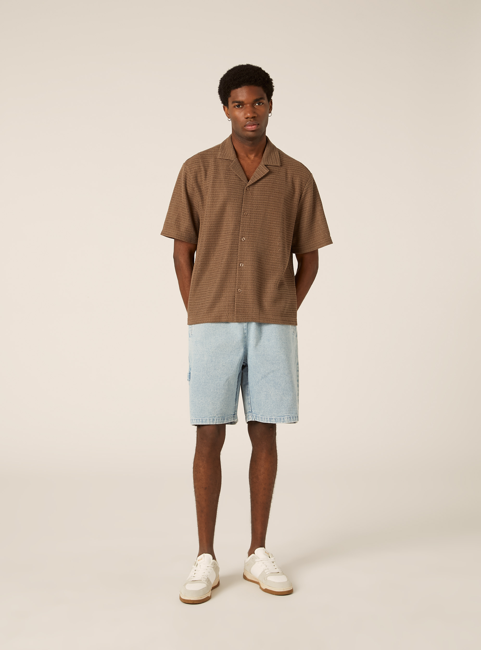 Camicia bowling regular fit effetto rete, BR3 BROWN LIGHT