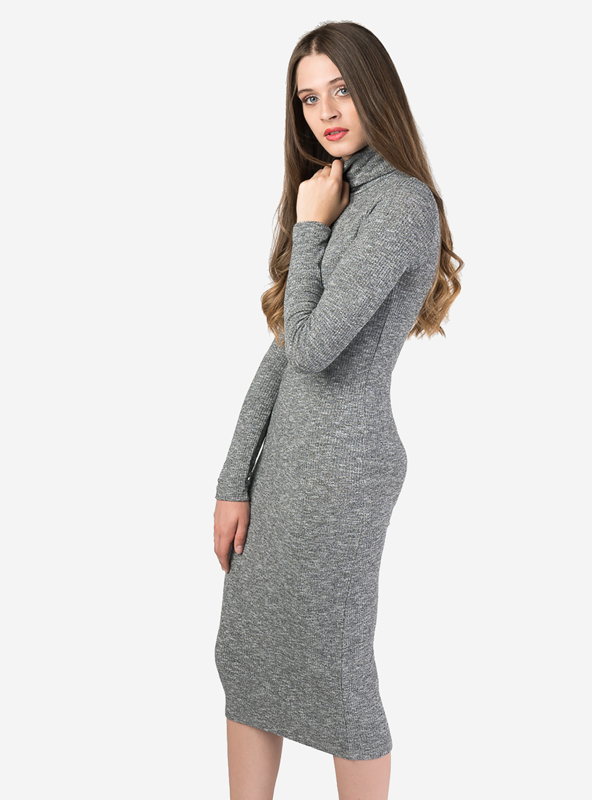 LONG DRESS WITH HIGH NECK, GREY MELANGE