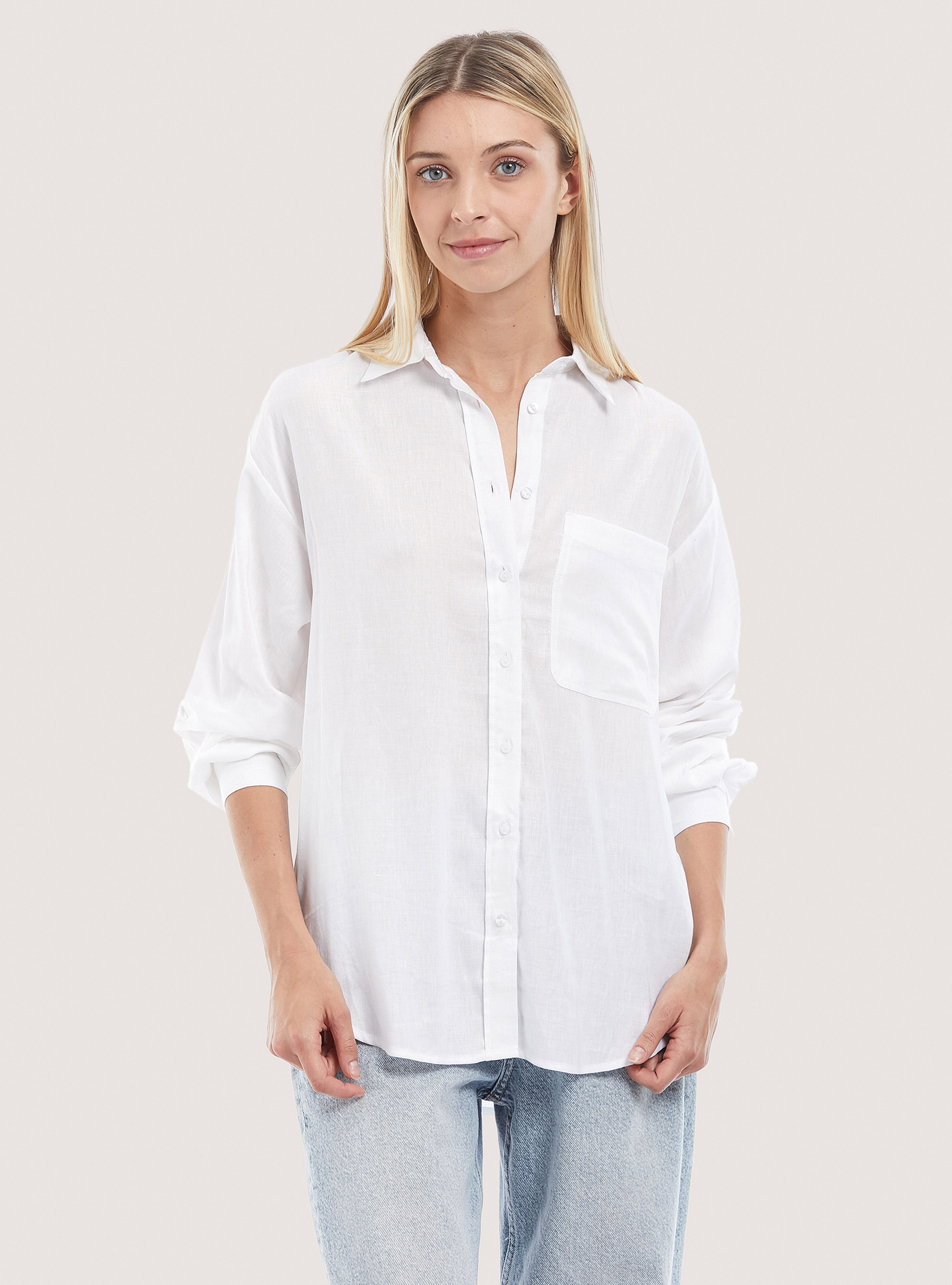 Camicia in misto lino comfort fit, BIANCO