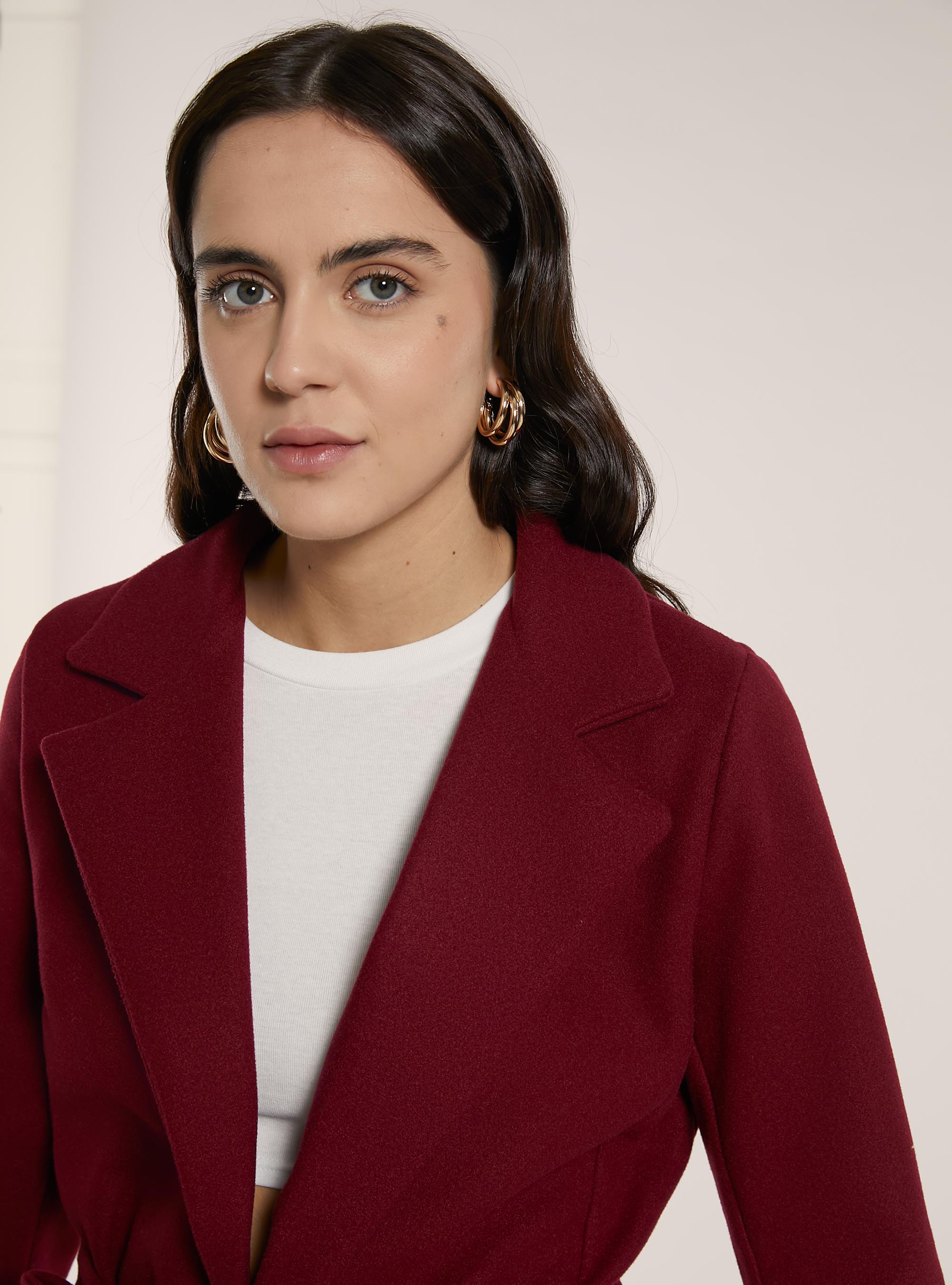 Cappotto in panno con cintura, RD1 RED DARK