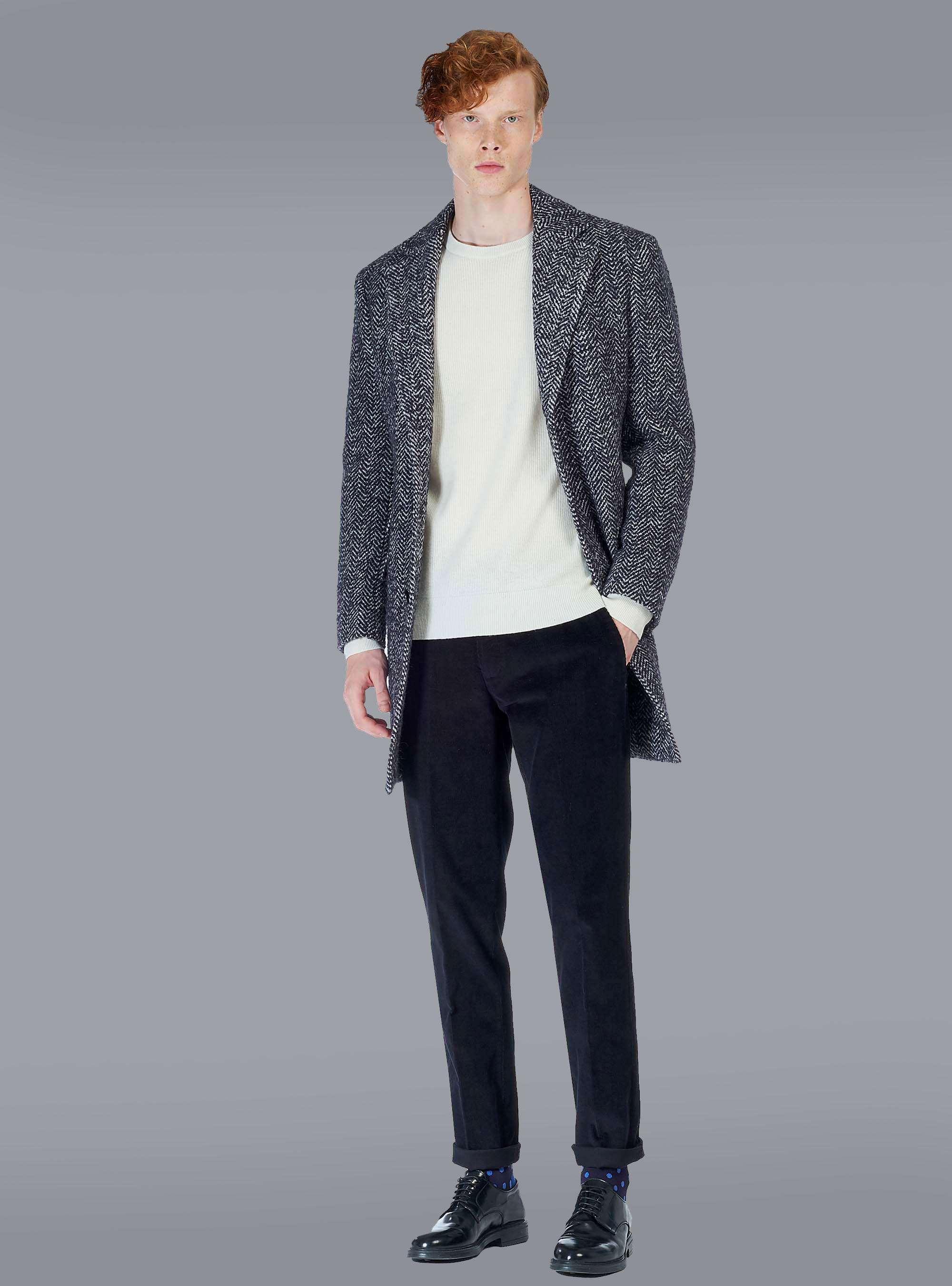 Cappotto spigato misto lana, BLU