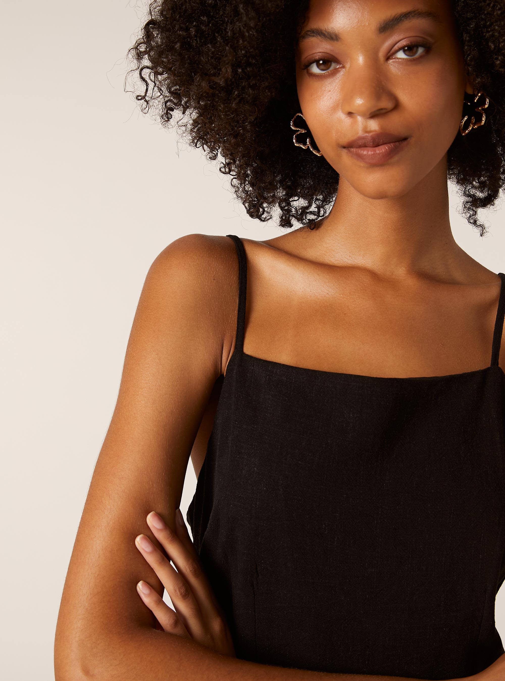 Robe en lin m&eacute;lang&eacute; avec encolure licou, BK1 BLACK