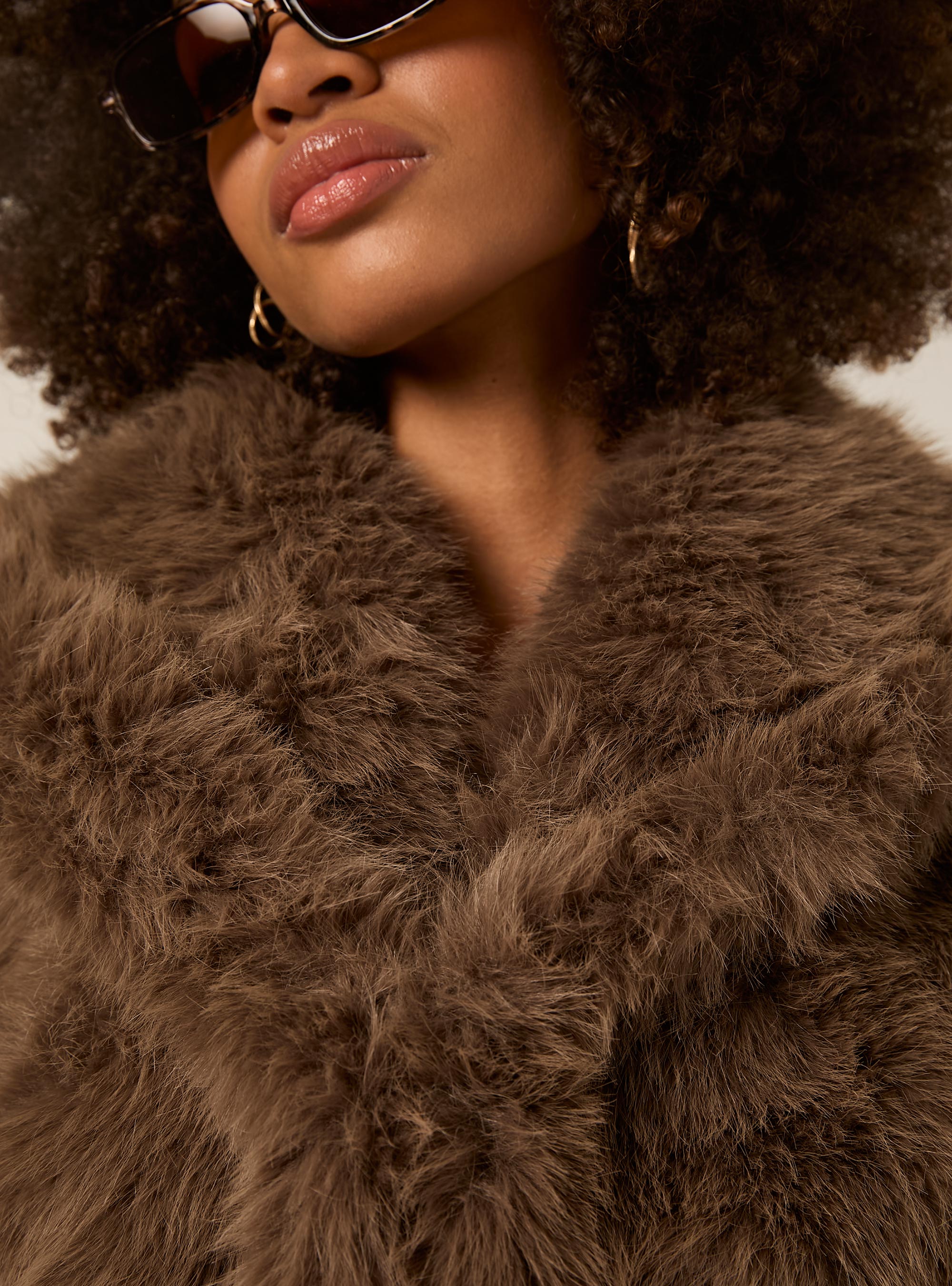 Pelliccia sintetica collo cappuccio, BR2 BROWN MEDIUM