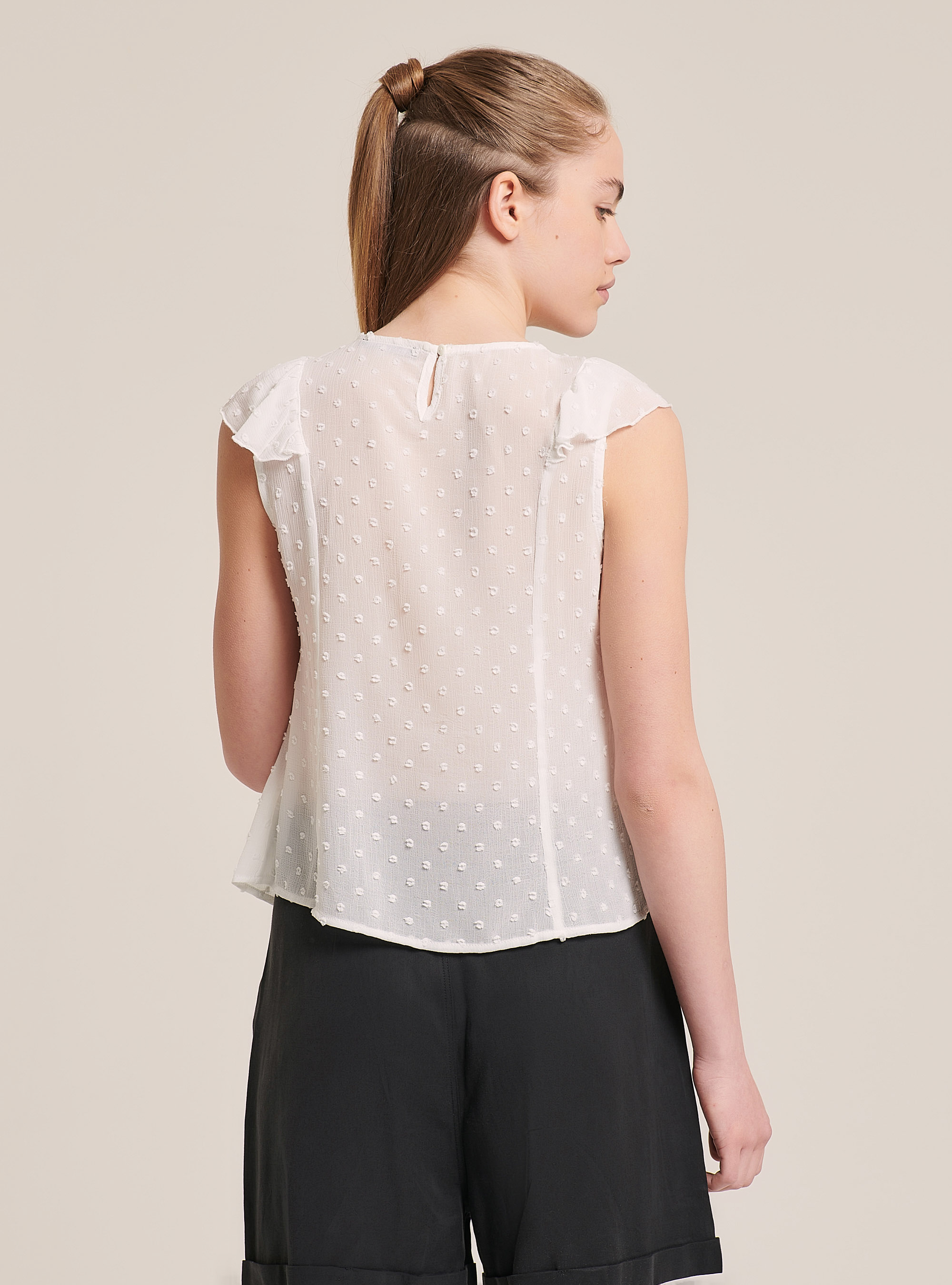 Blusa con ricami e mini volant, BIANCO