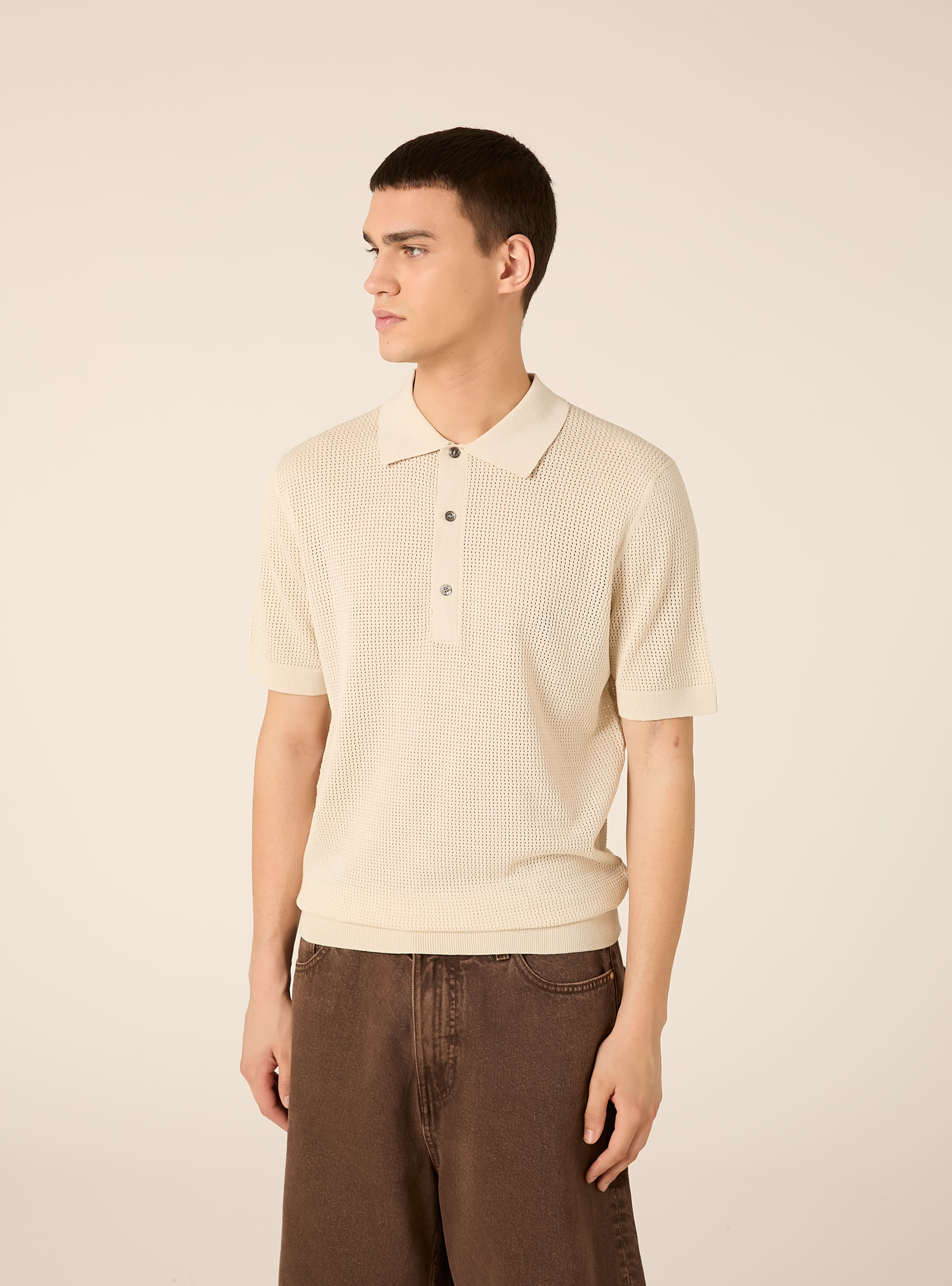 Maglia polo in crochet in misto viscosa, CREMA CHIARO