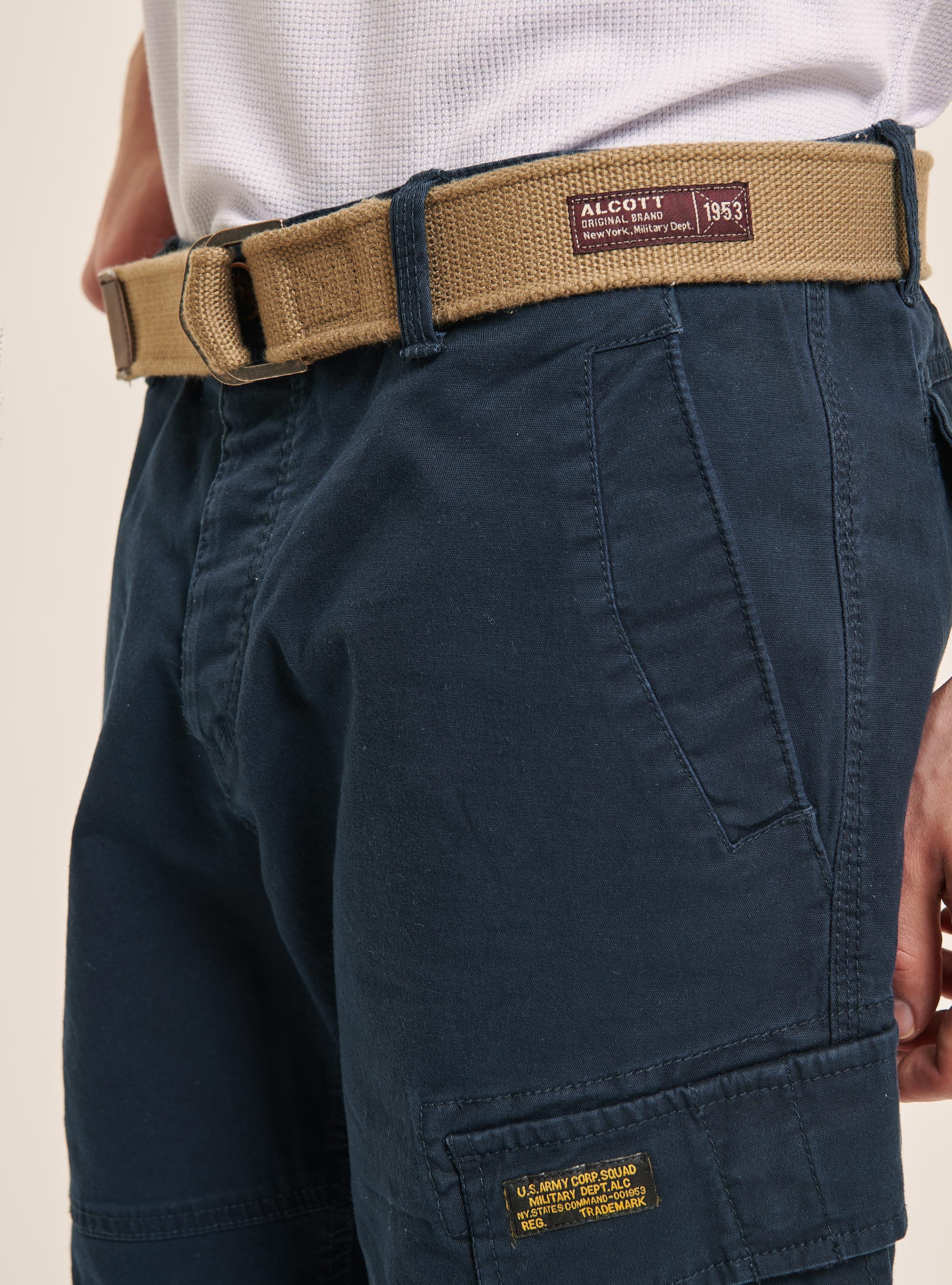 Canvas cargo bermuda with belt, BLUE NAVY
