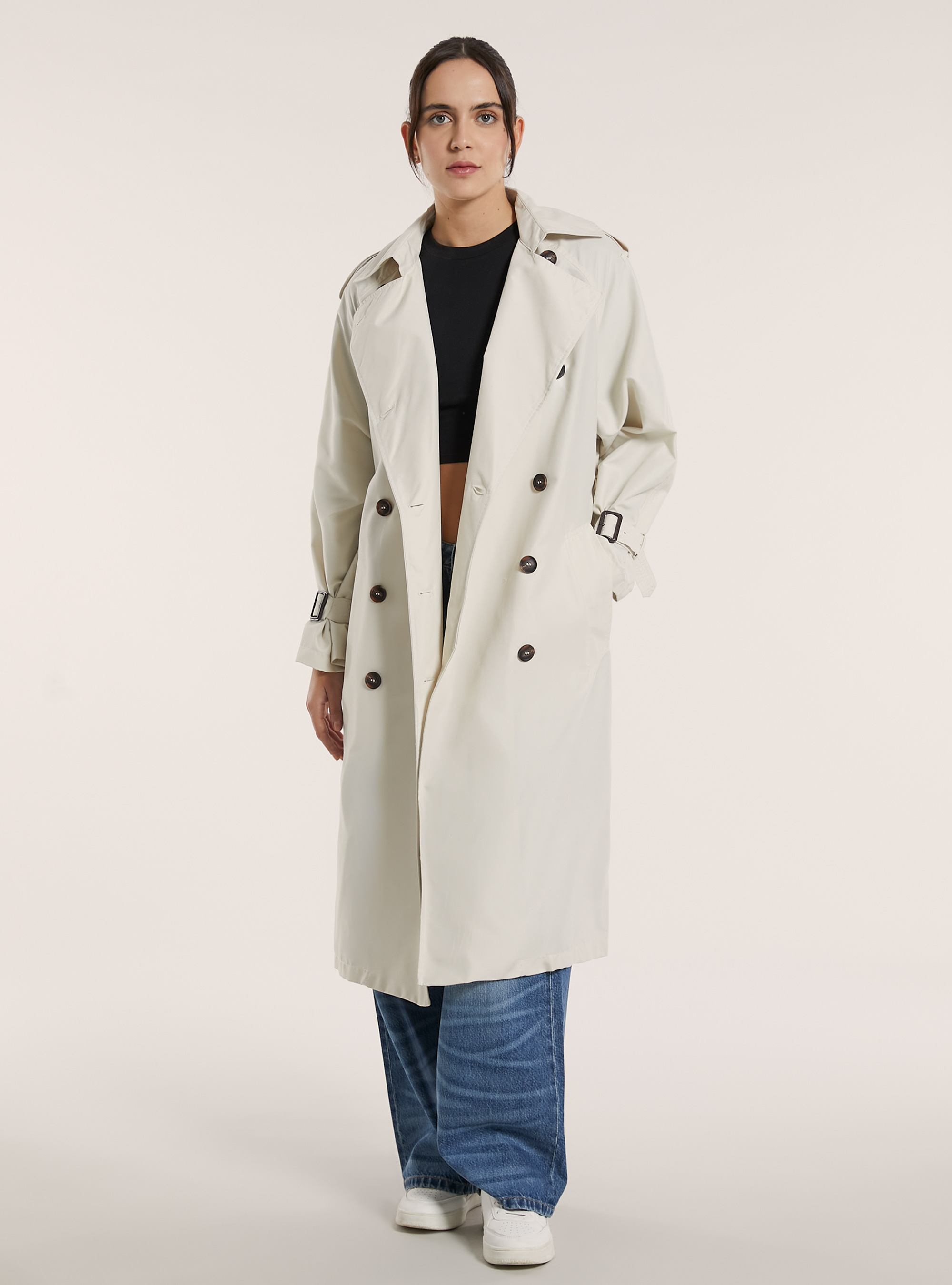 Trench lungo con cintura, WH1 OFF WHITE
