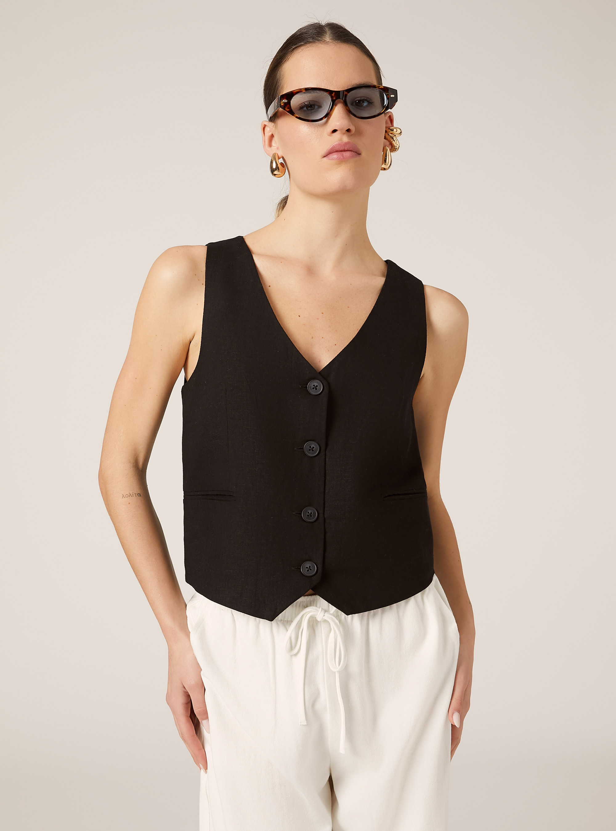 Gilet in misto lino, BK1 BLACK
