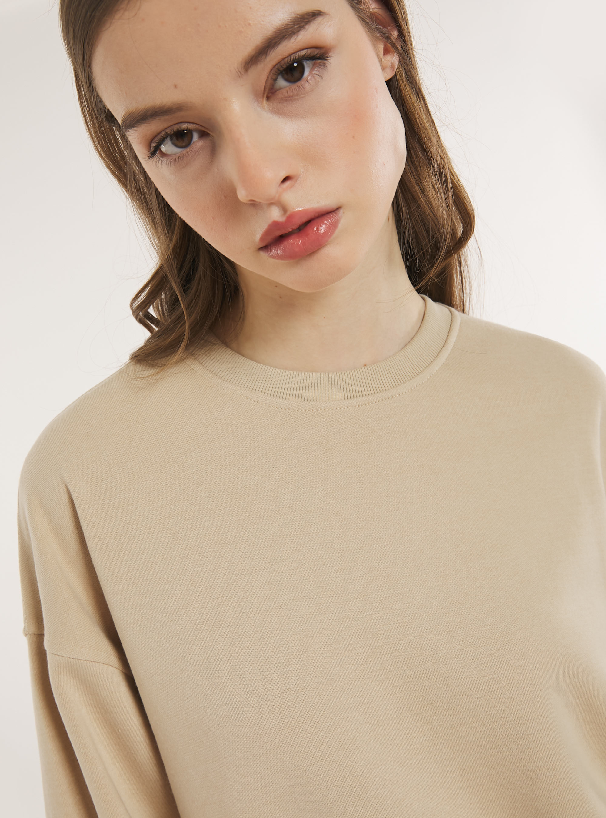 Plain cotton crew-neck sweatshirt, BG2 BEIGE MEDIUM