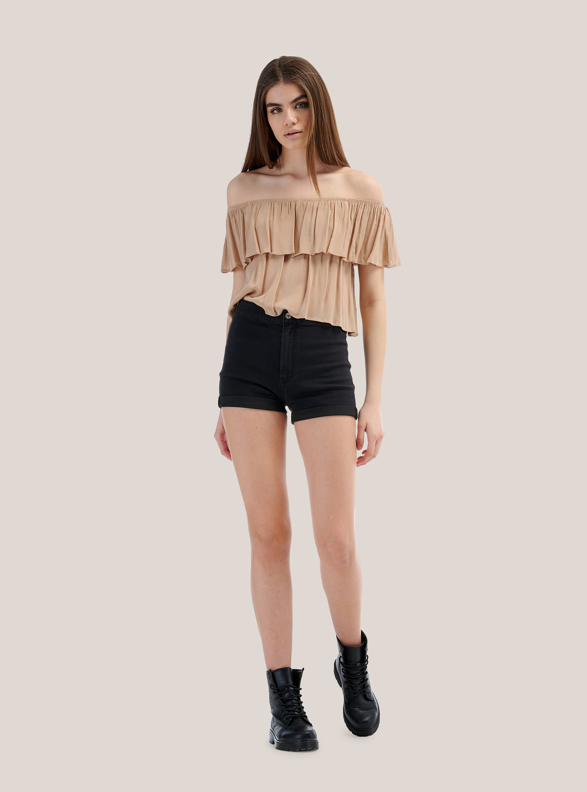 Shorts in denim high waist, NERO