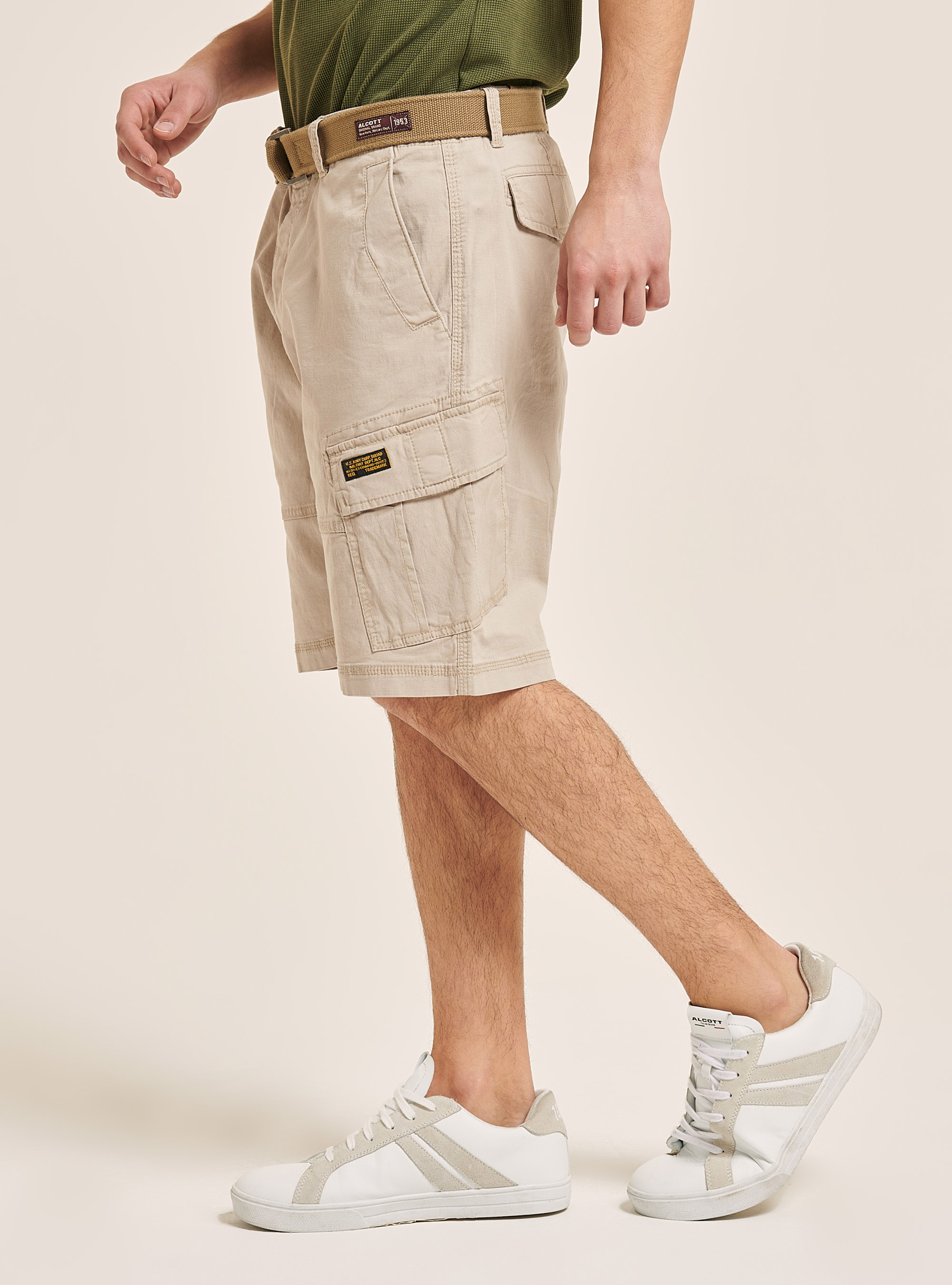 Canvas cargo bermuda with belt, BEIGE