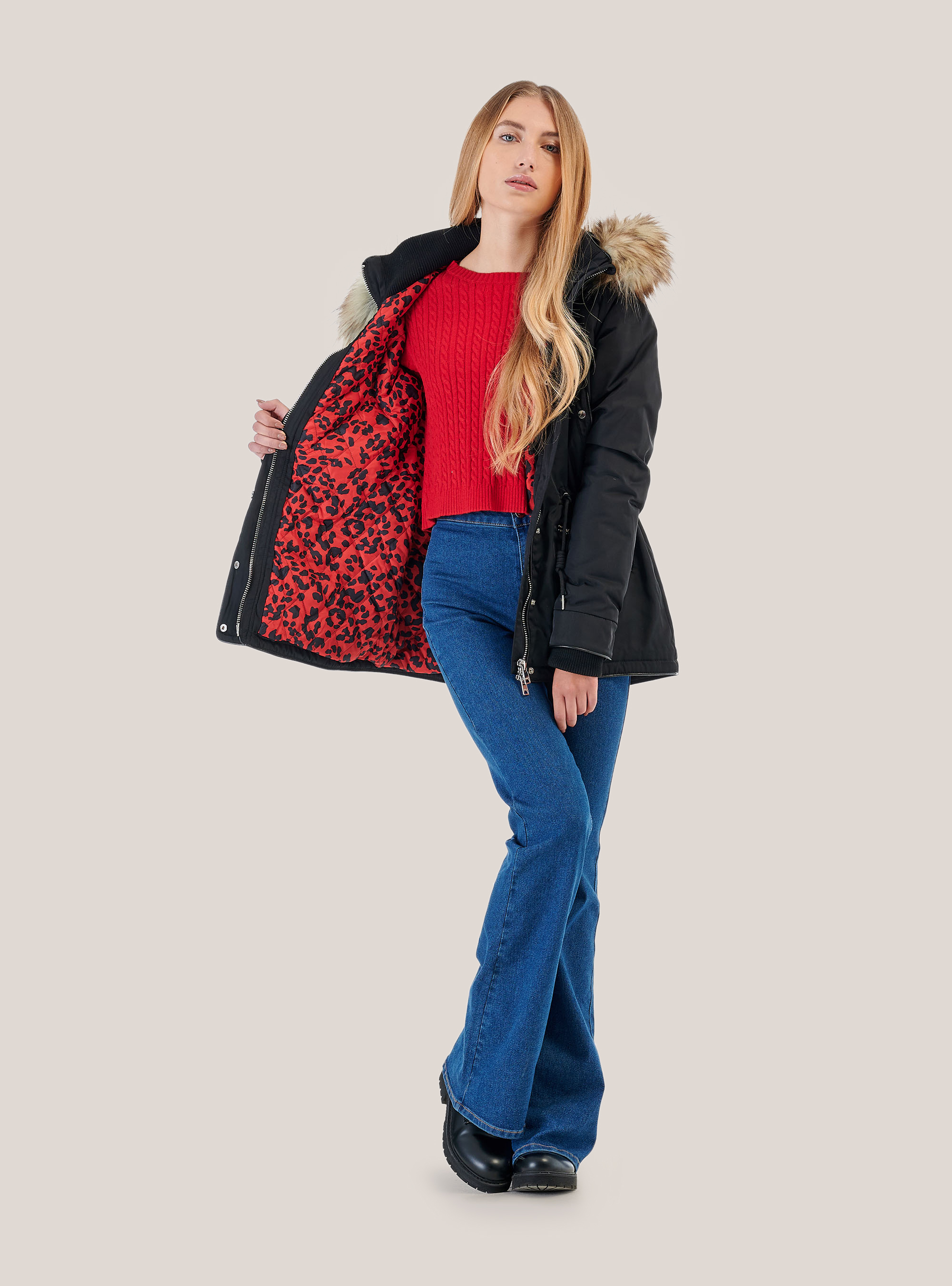 Parka con fodera animalier, C101 BLACK
